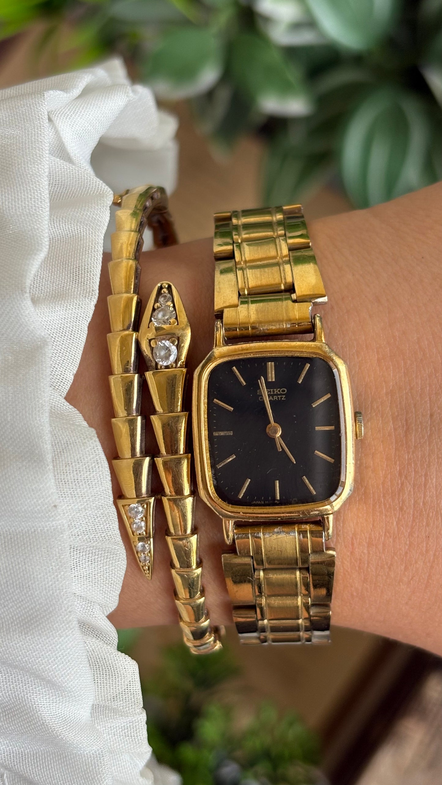 Vintage Seiko Japan Watch in Gold Tone Black Dial Square Face