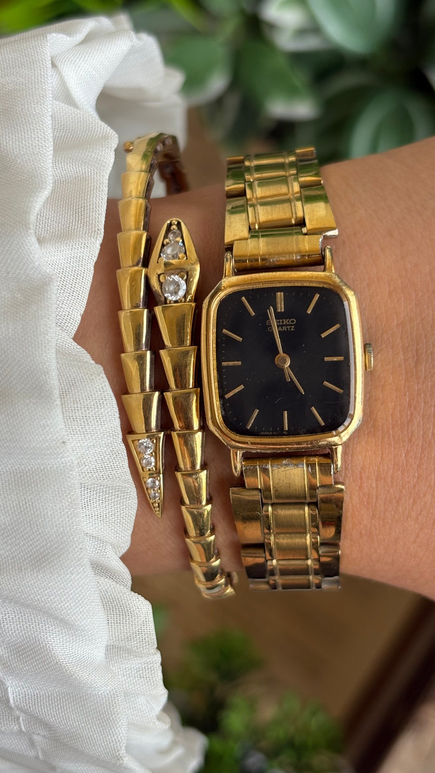 Vintage Seiko Japan Watch in Gold Tone Black Dial Square Face