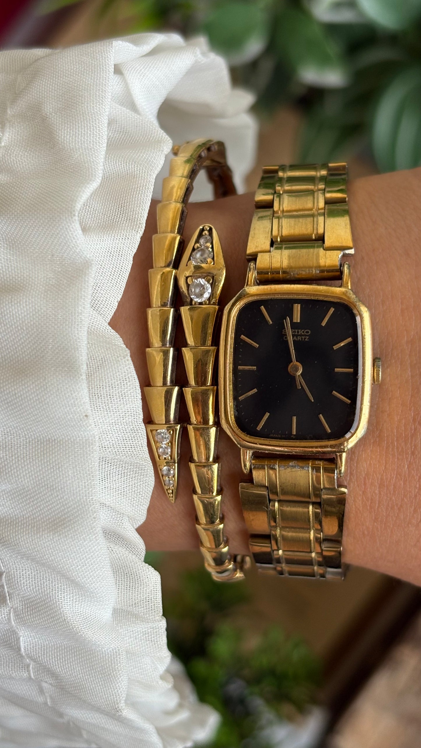 Vintage Seiko Japan Watch in Gold Tone Black Dial Square Face