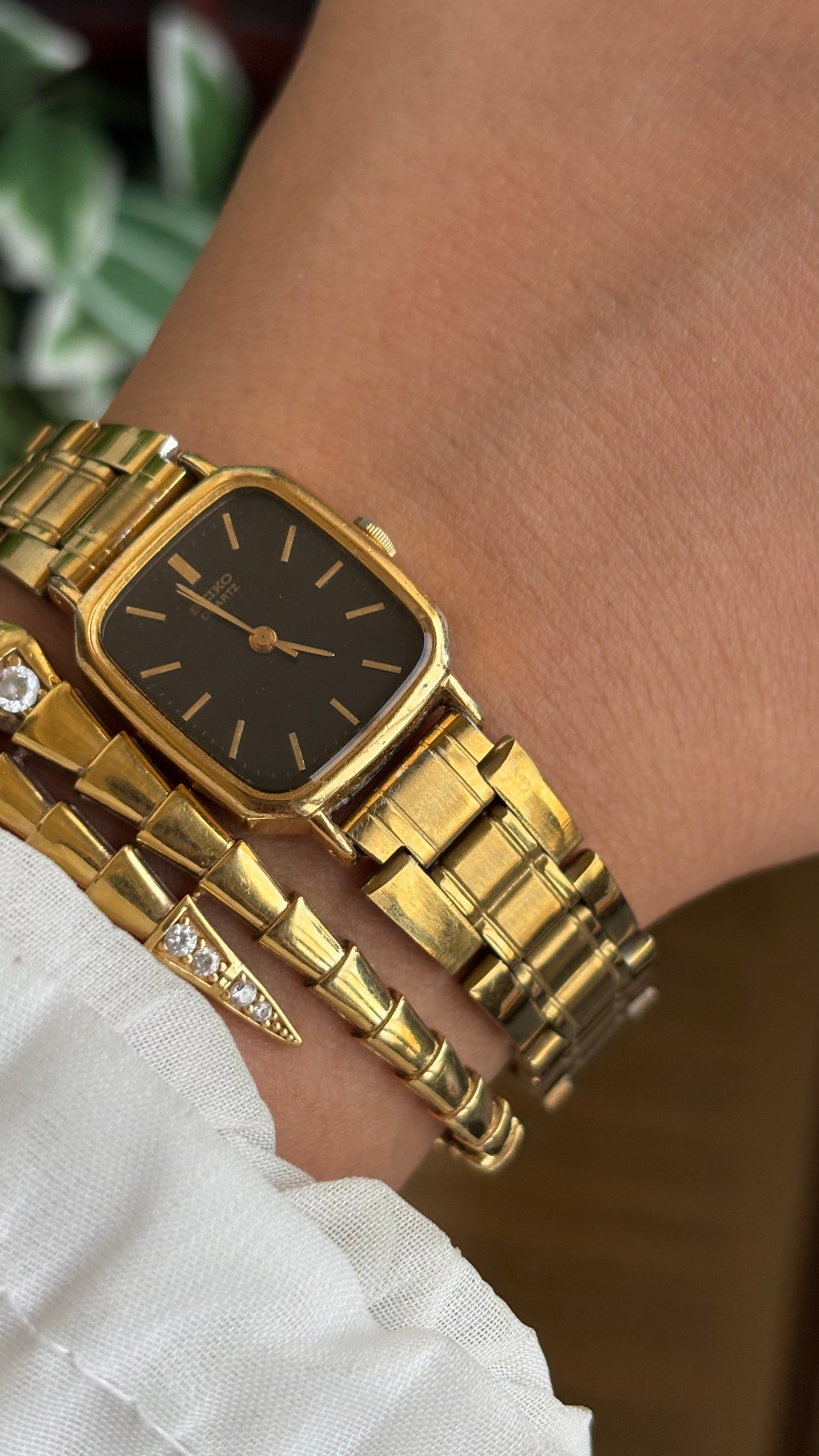 Vintage Seiko Japan Watch in Gold Tone Black Dial Square Face