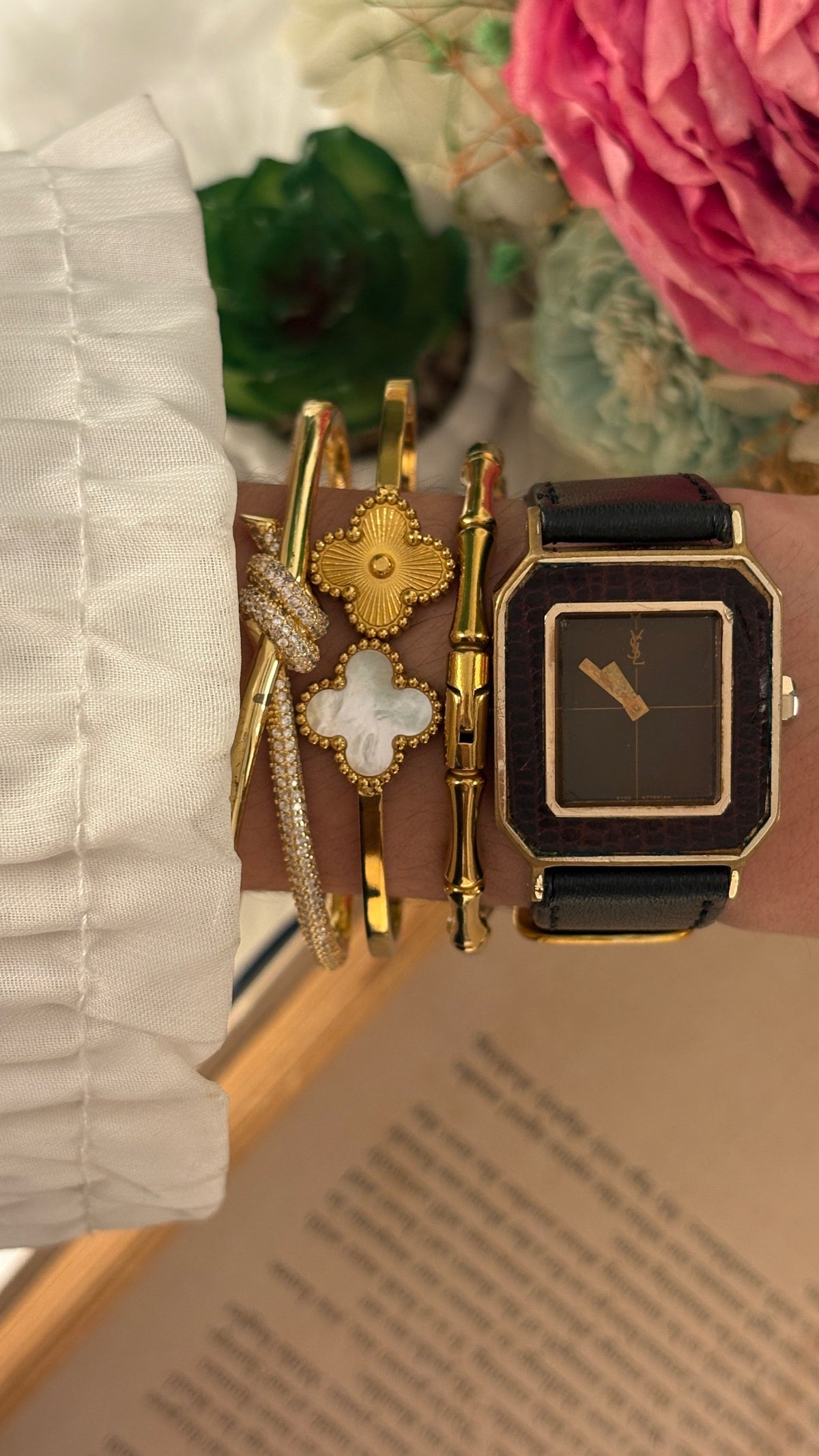 Rare Vintage YSL Swiss Manual Wind Tank Burgundy Watch in Gold Tone Brown Leather