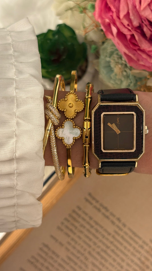 Rare Vintage YSL Swiss Manual Wind Tank Burgundy Watch in Gold Tone Brown Leather