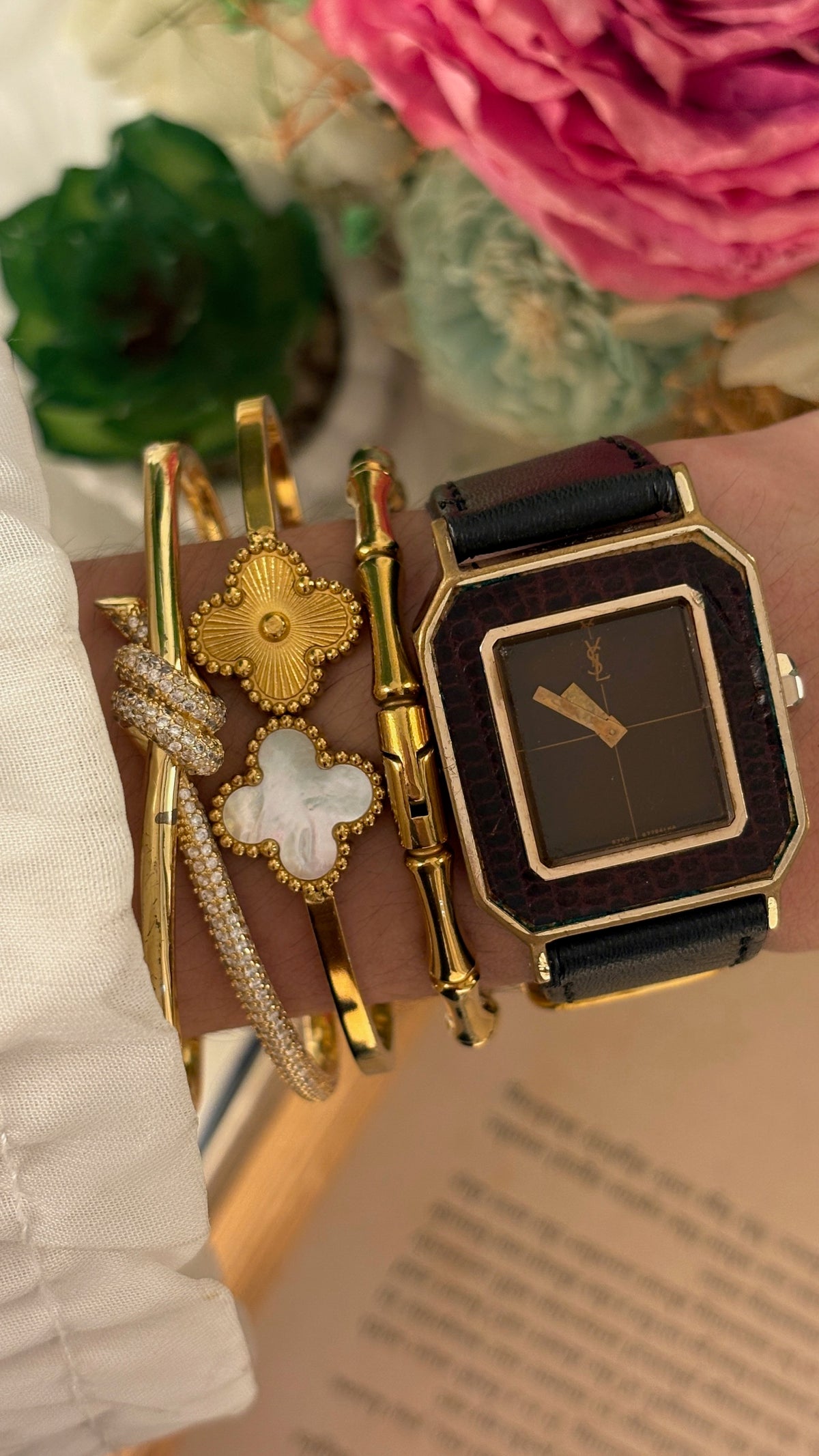 Rare Vintage YSL Swiss Manual Wind Tank Burgundy Watch in Gold Tone Brown Leather