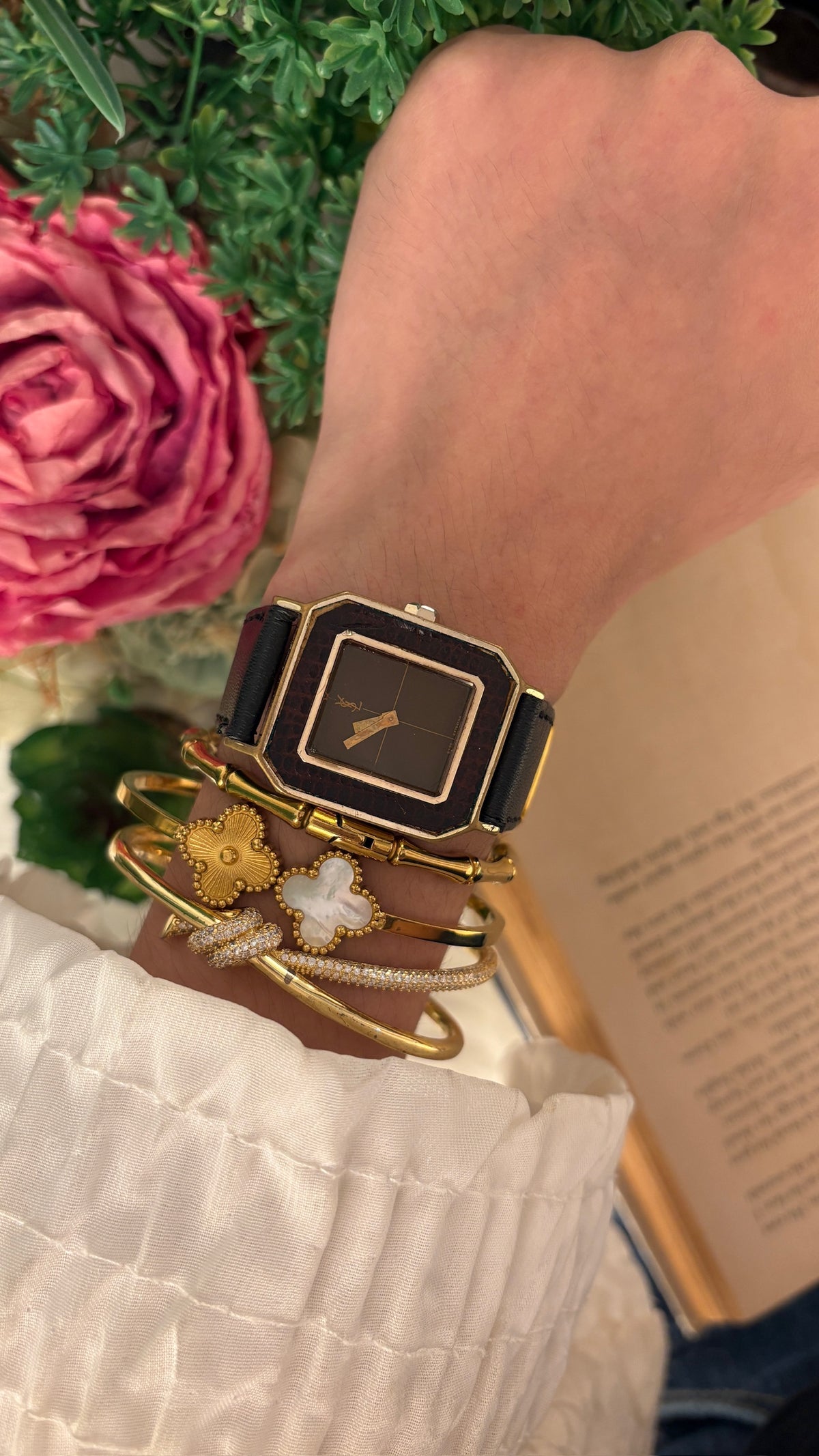 Rare Vintage YSL Swiss Manual Wind Tank Burgundy Watch in Gold Tone Brown Leather