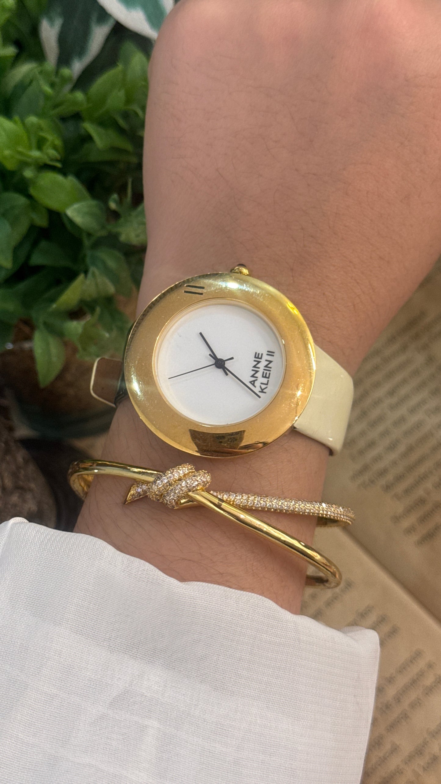 Rare Vintage Anne Klein II Engraved Bezel Watch in Gold Tone Black and White Leather Quartz