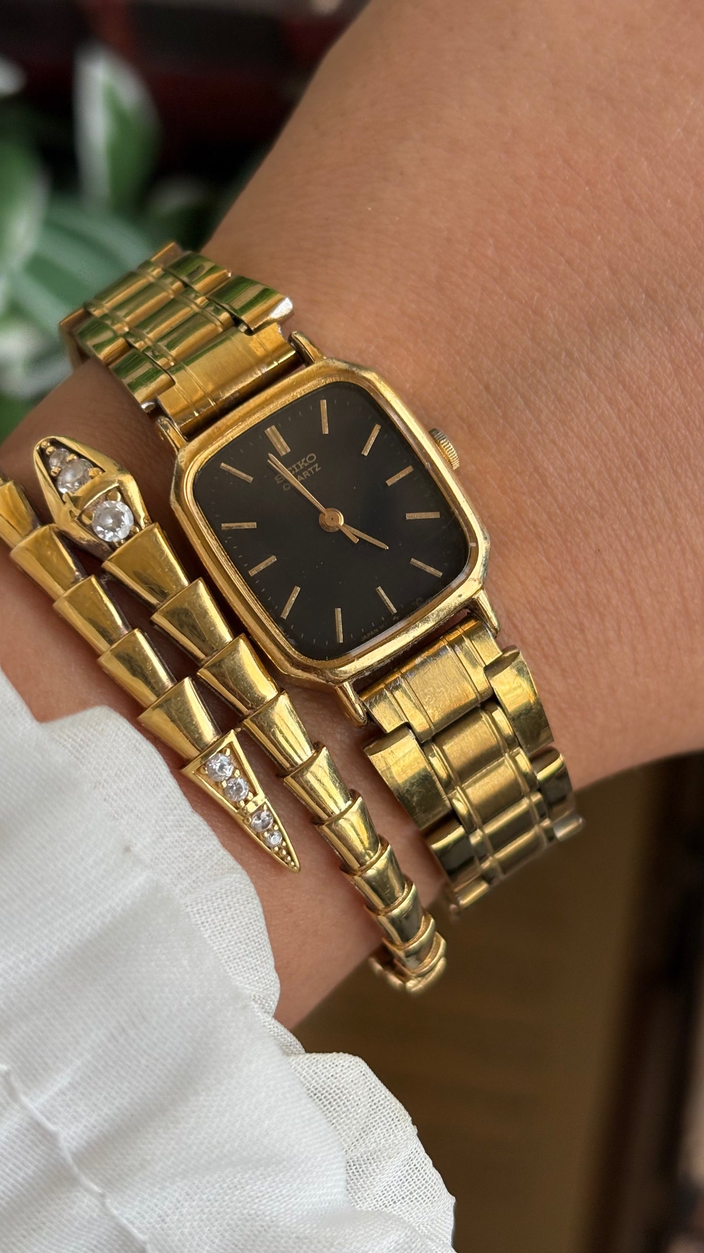 Vintage Seiko Japan Watch in Gold Tone Black Dial Square Face