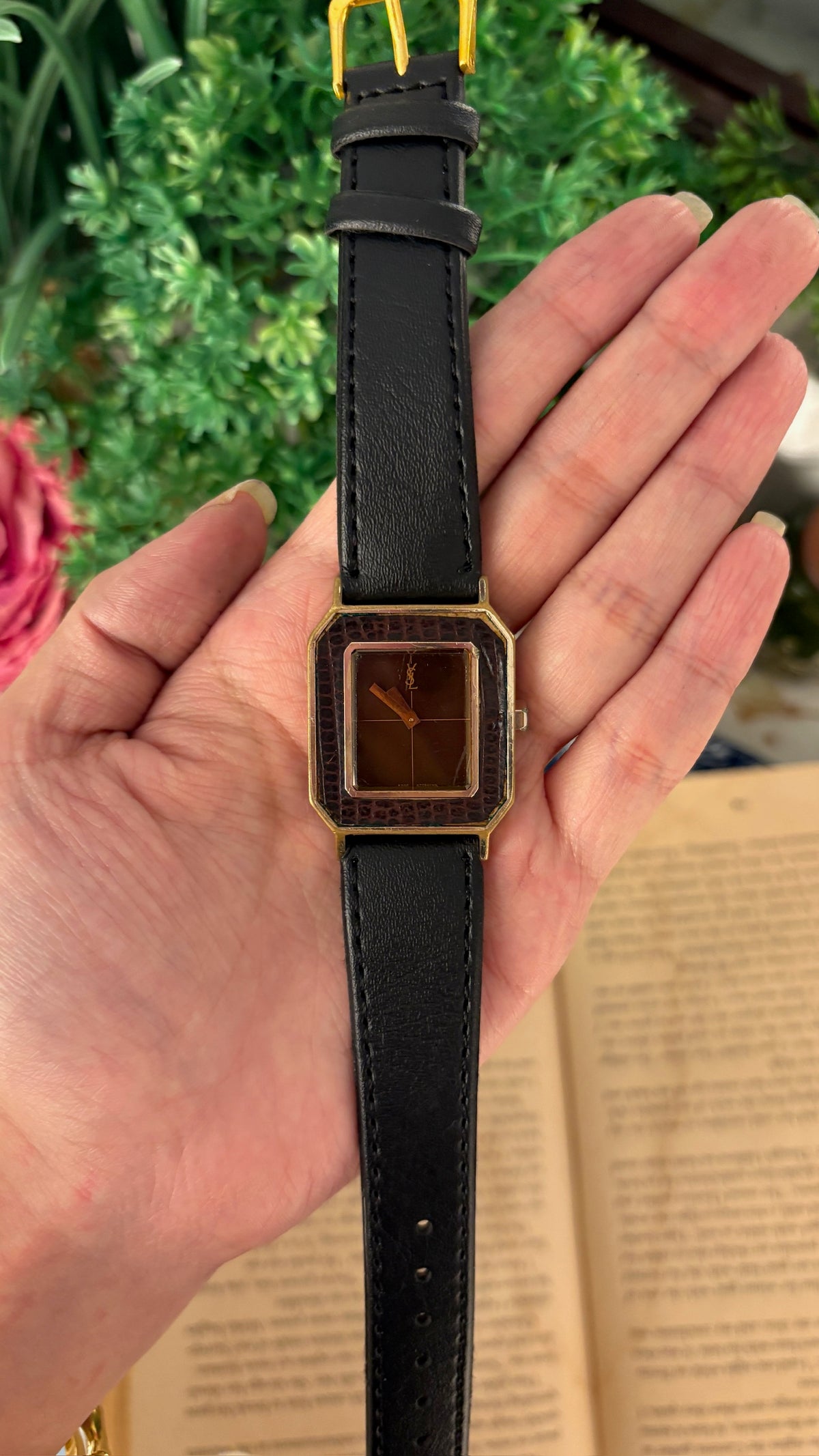 Rare Vintage YSL Swiss Manual Wind Tank Burgundy Watch in Gold Tone Brown Leather