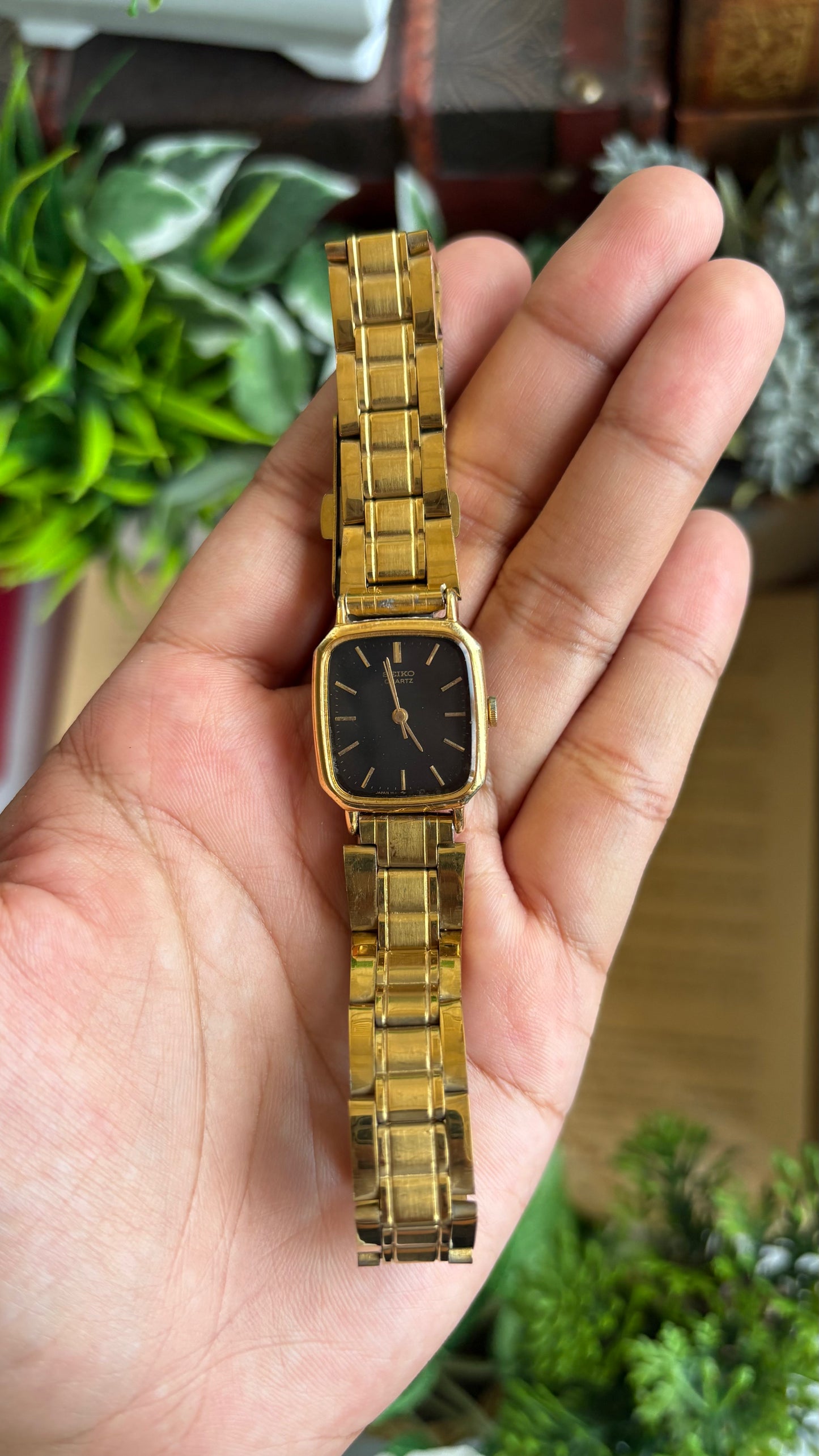 Vintage Seiko Japan Watch in Gold Tone Black Dial Square Face