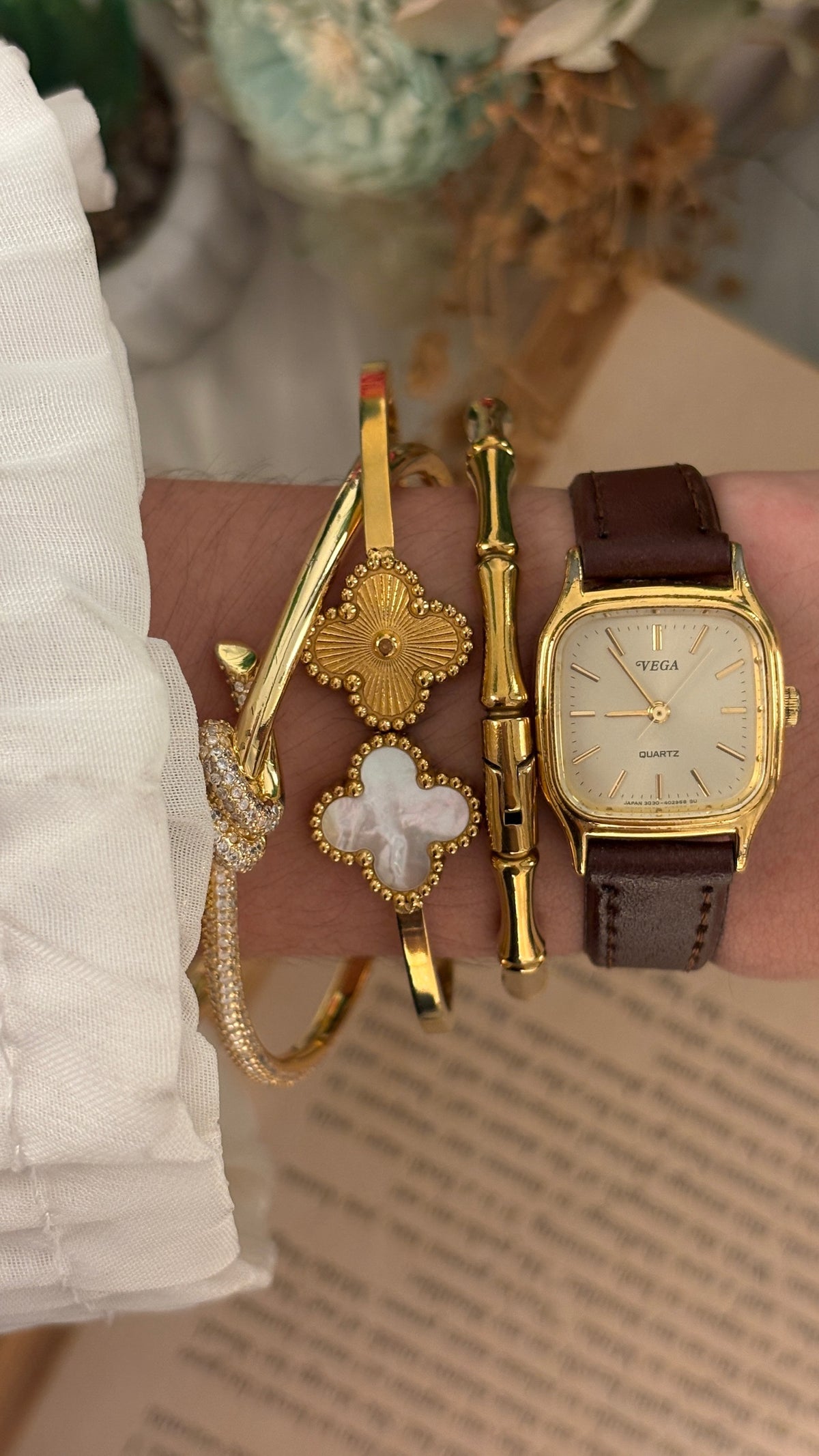 Vintage Vega Citizen Tank Watch in Gold Tone Brown Leather Quartz