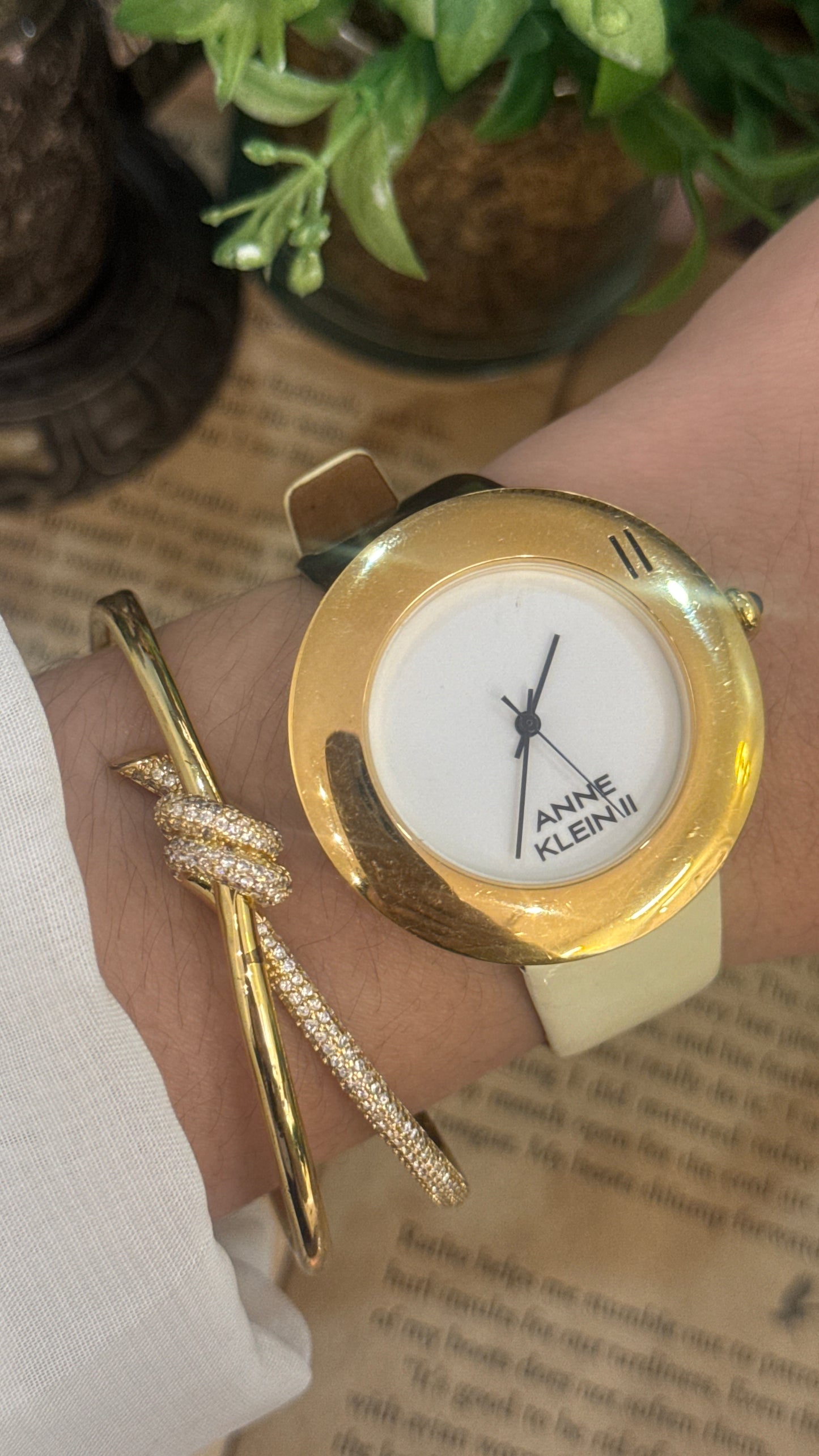 Rare Vintage Anne Klein II Engraved Bezel Watch in Gold Tone Black and White Leather Quartz