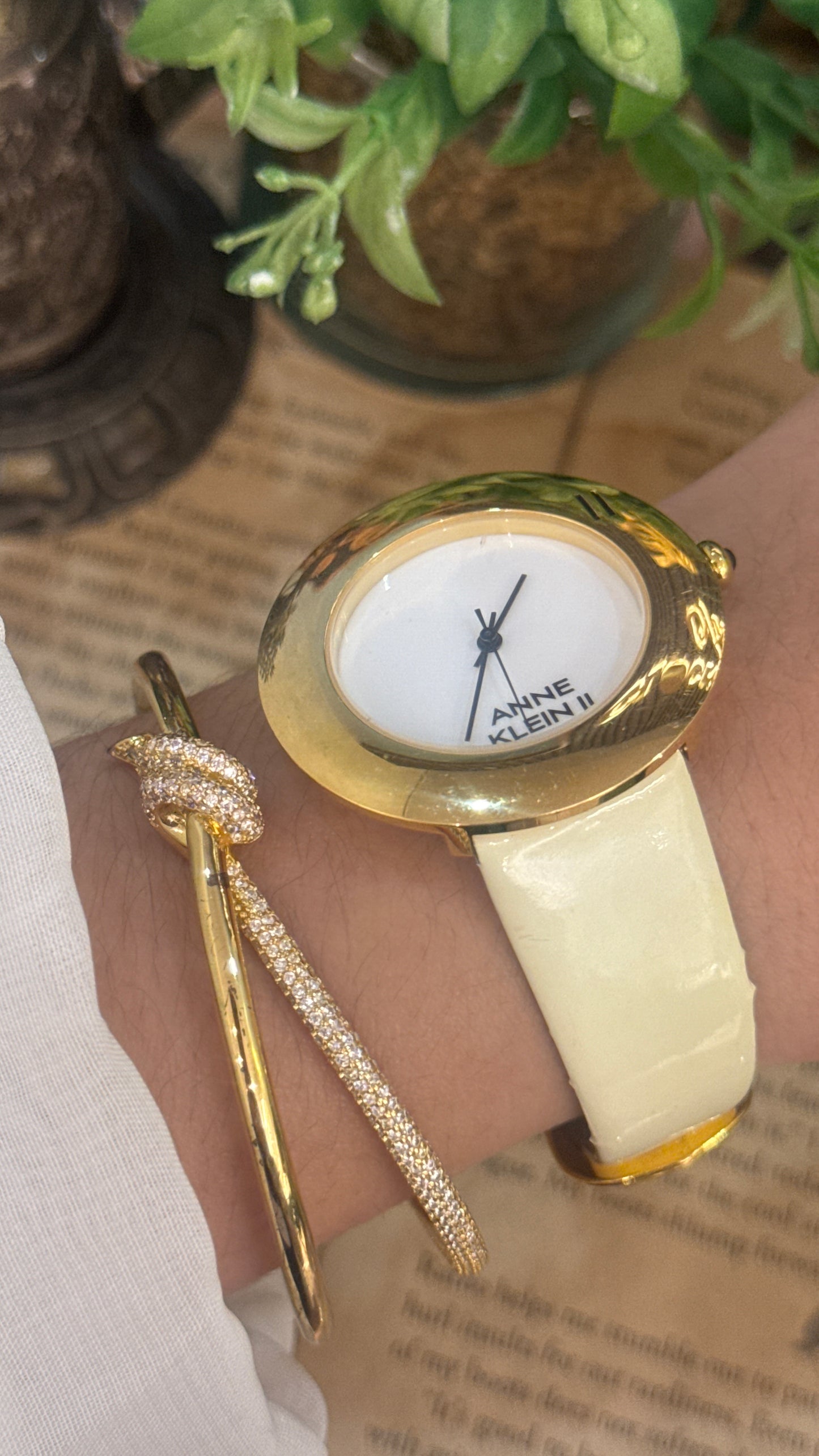 Rare Vintage Anne Klein II Engraved Bezel Watch in Gold Tone Black and White Leather Quartz