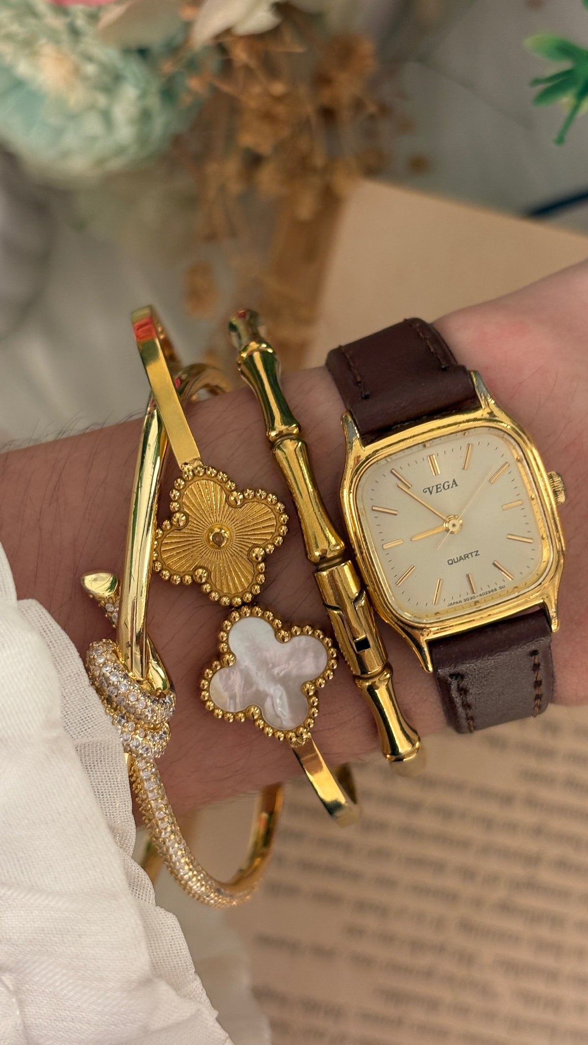 Vintage Vega Citizen Tank Watch in Gold Tone Brown Leather Quartz
