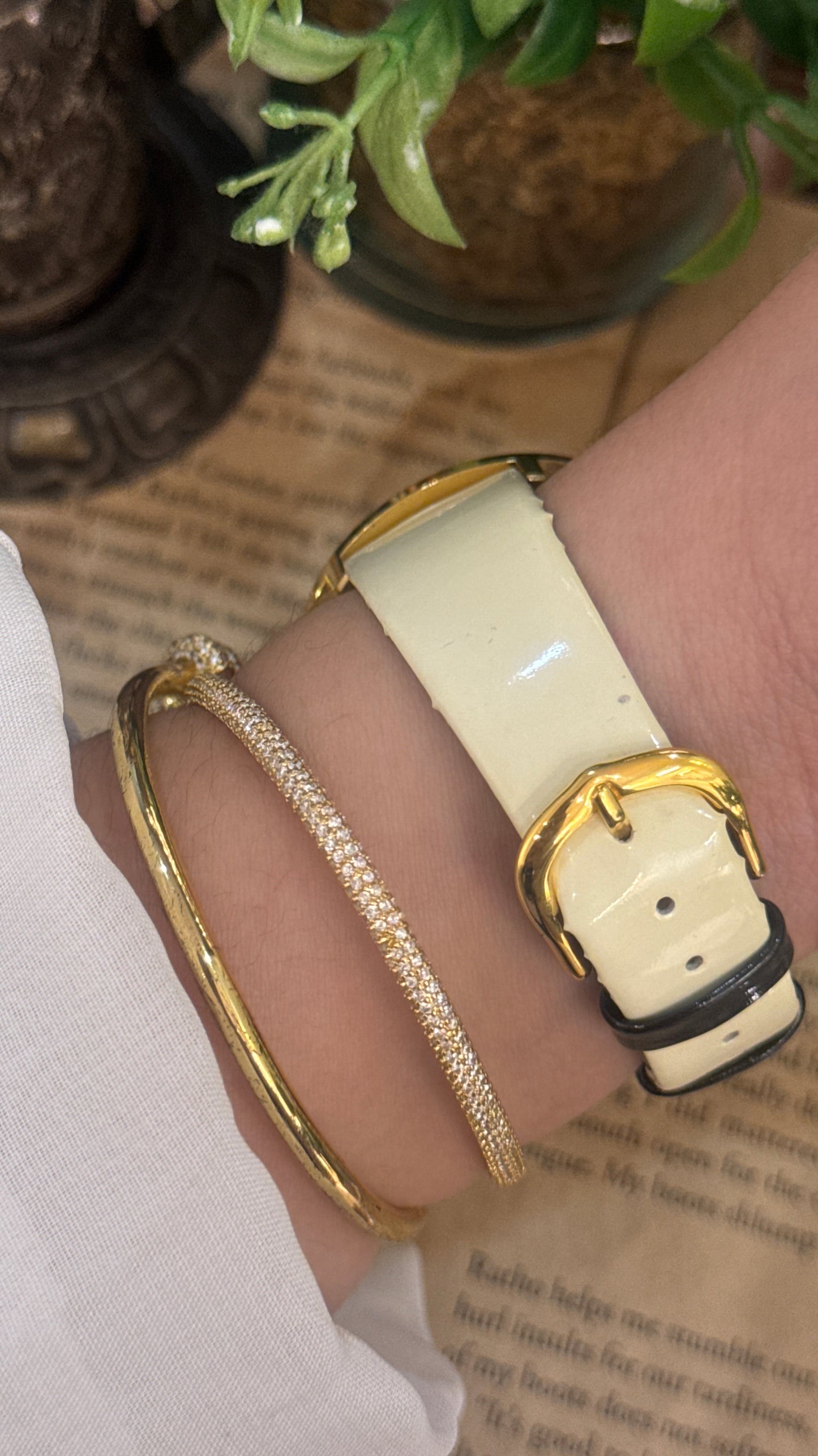 Rare Vintage Anne Klein II Engraved Bezel Watch in Gold Tone Black and White Leather Quartz