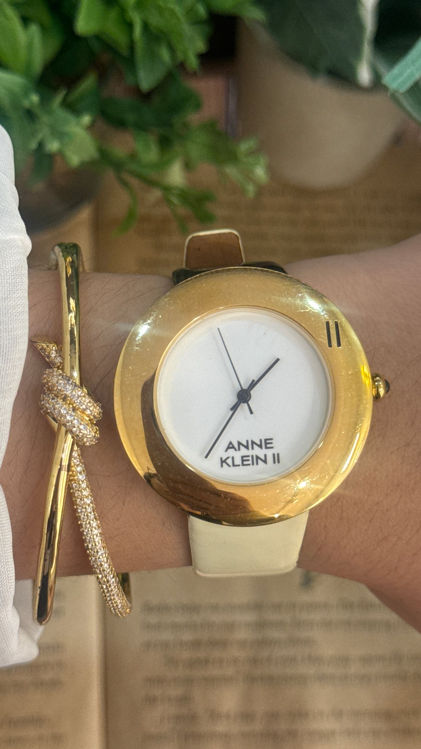 Rare Vintage Anne Klein II Engraved Bezel Watch in Gold Tone Black and White Leather Quartz
