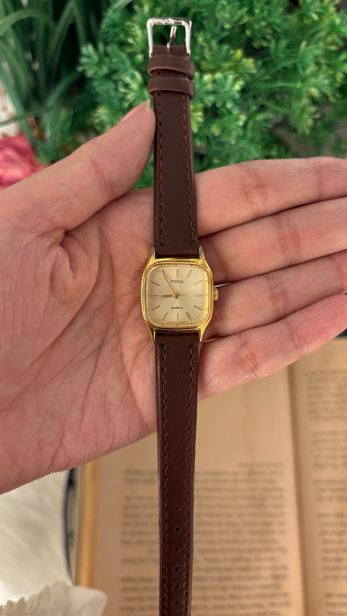 Vintage Vega Citizen Tank Watch in Gold Tone Brown Leather Quartz