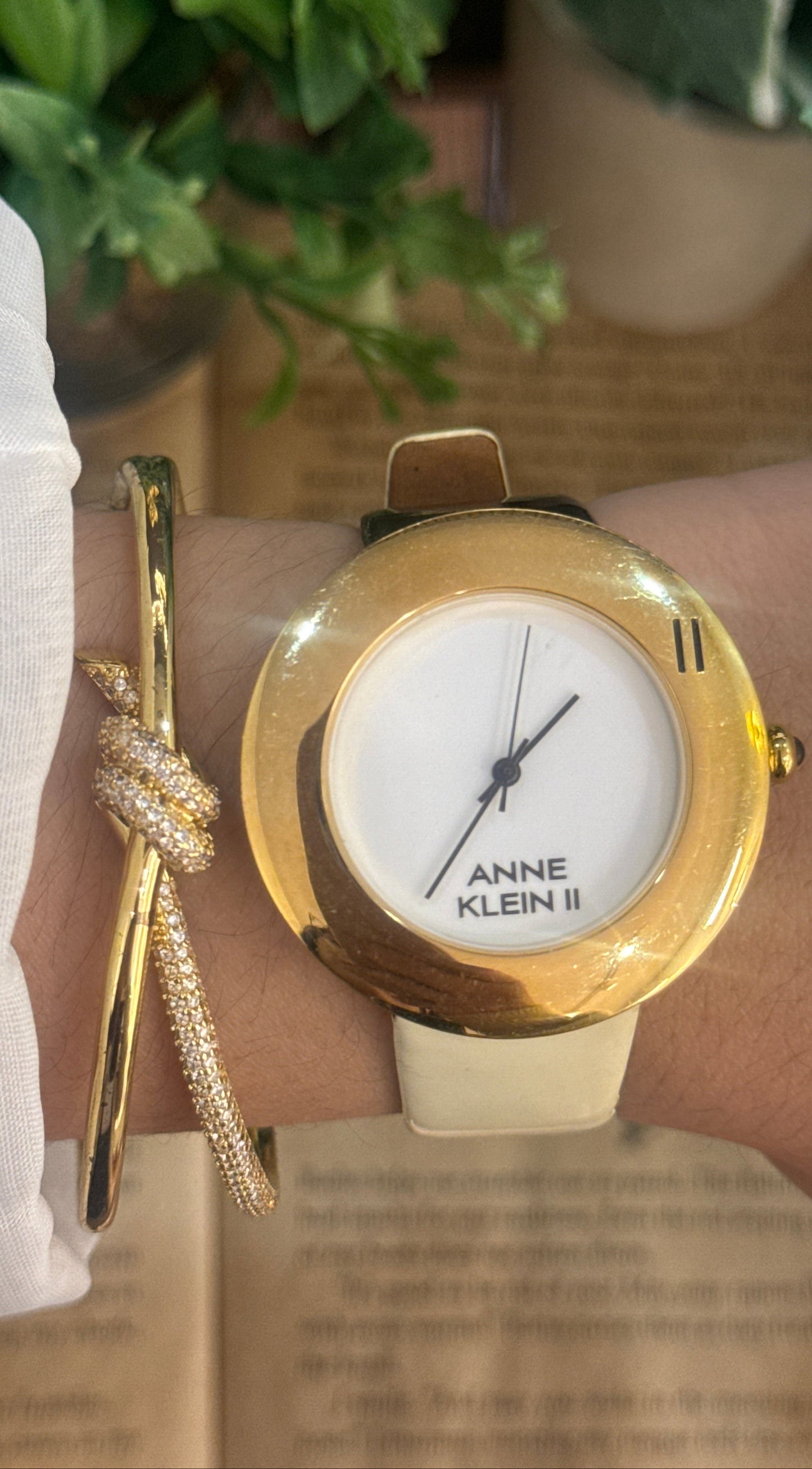 Rare Vintage Anne Klein II Engraved Bezel Watch in Gold Tone Black and White Leather Quartz