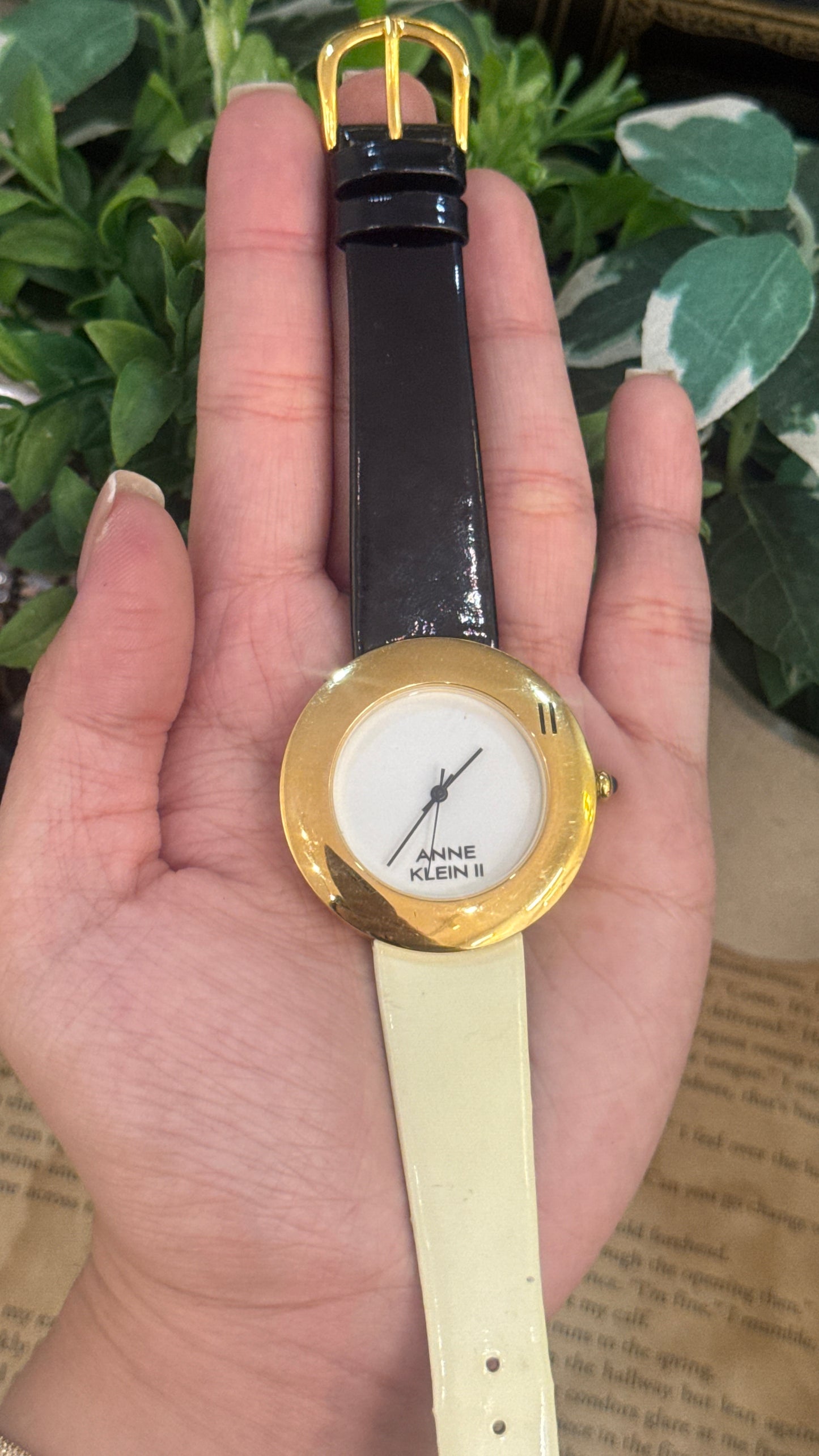 Rare Vintage Anne Klein II Engraved Bezel Watch in Gold Tone Black and White Leather Quartz