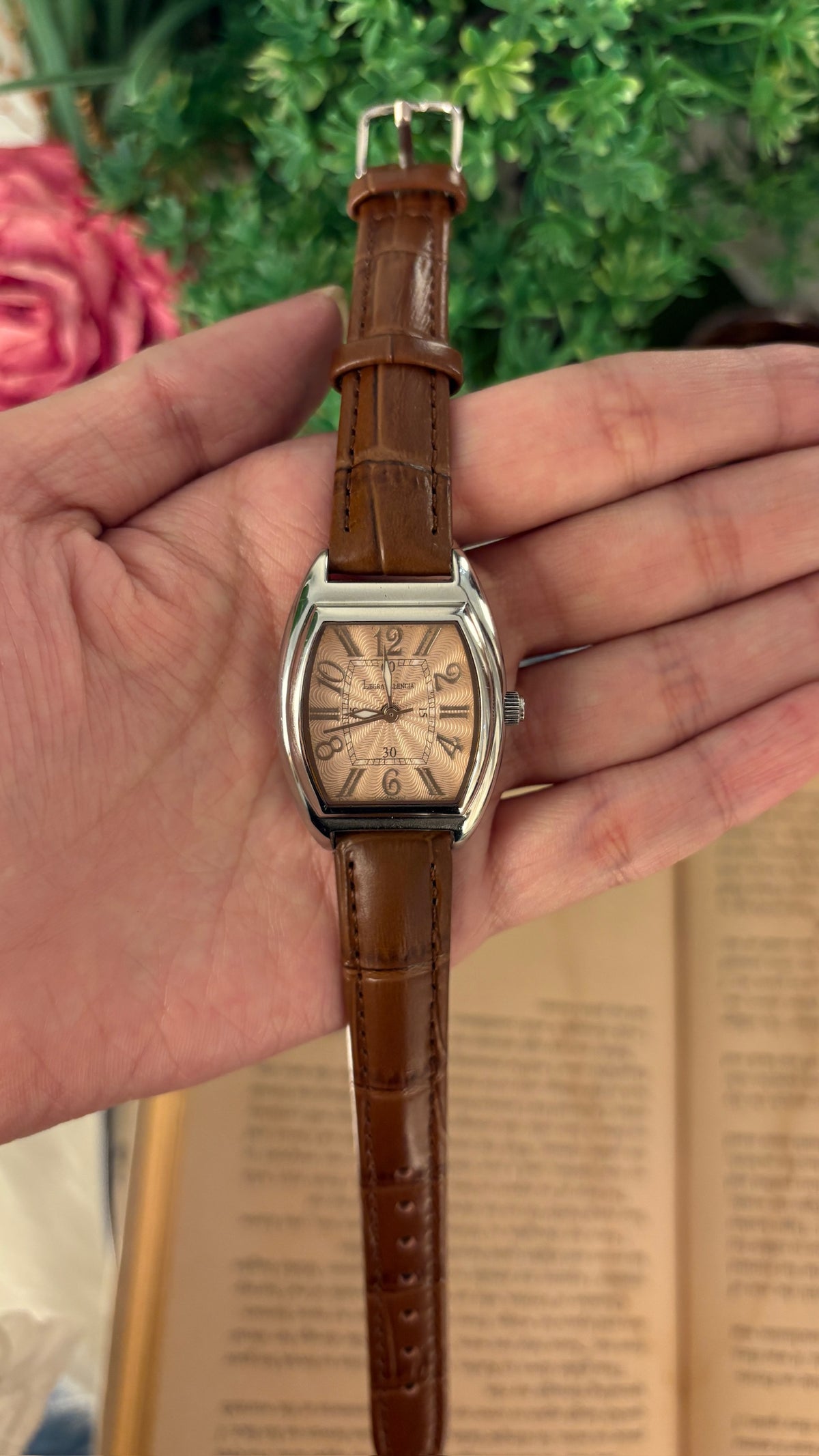 Rare Vintage Legra Valencia Barrel Watch in Silver Tone Brown Leather Quartz