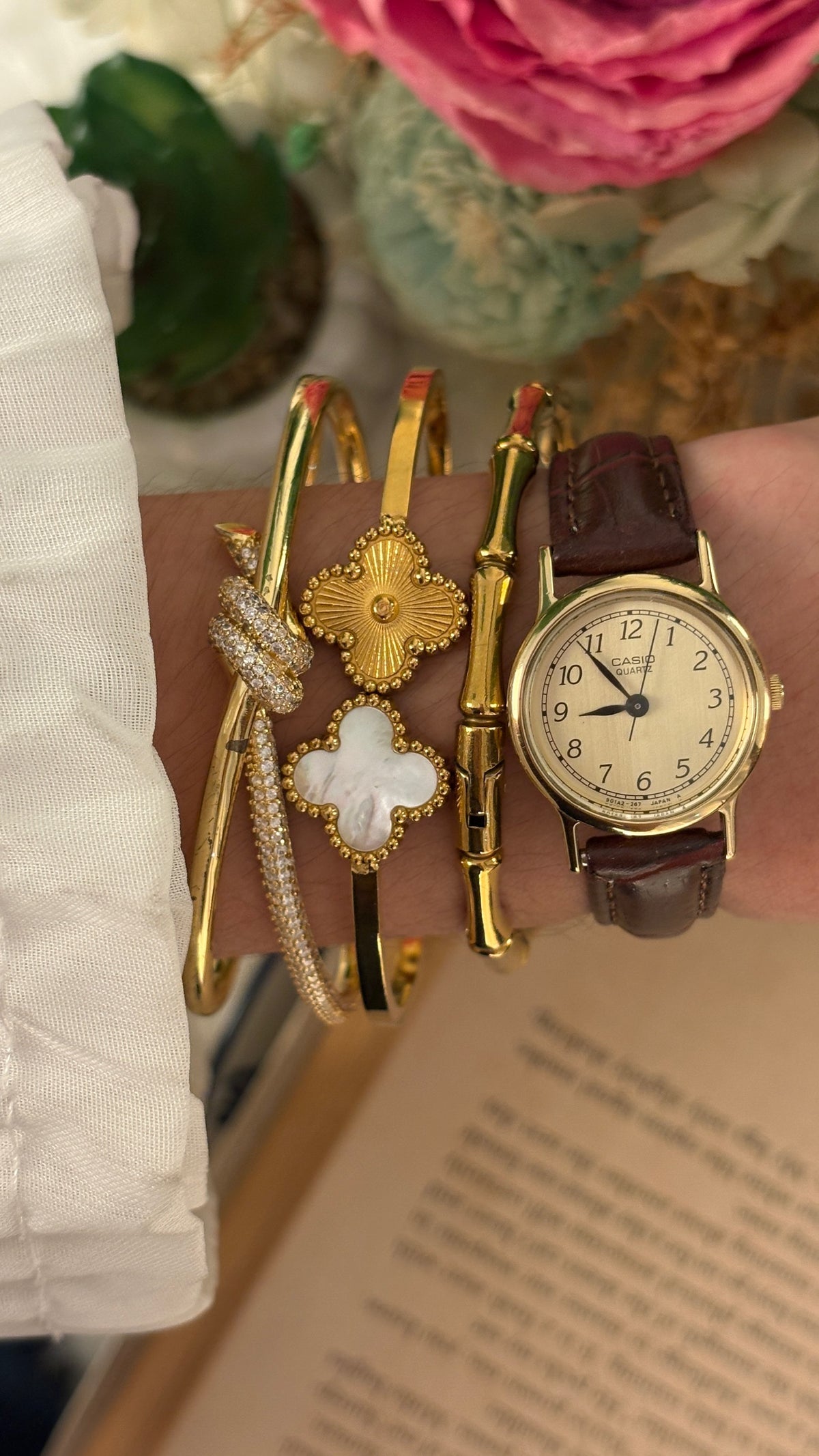 Rare Vintage Casio Minimalist Watch in Gold Tone Brown Leather Quartz