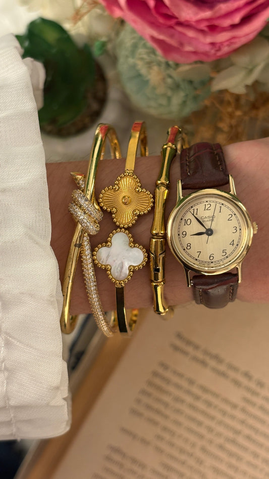 Rare Vintage Casio Minimalist Watch in Gold Tone Brown Leather Quartz