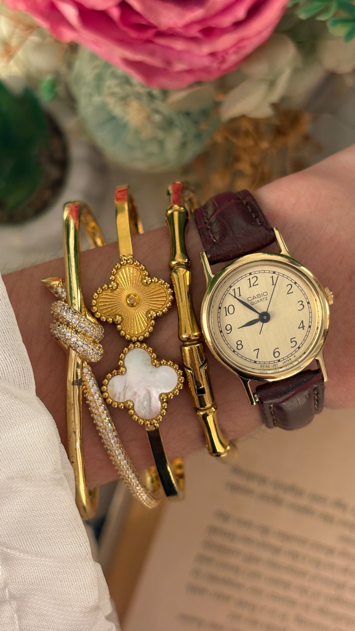 Rare Vintage Casio Minimalist Watch in Gold Tone Brown Leather Quartz