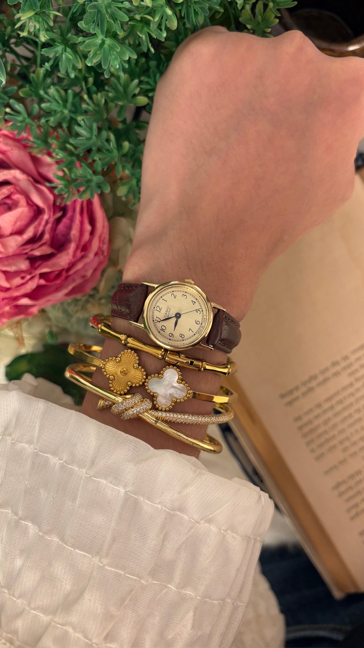 Rare Vintage Casio Minimalist Watch in Gold Tone Brown Leather Quartz