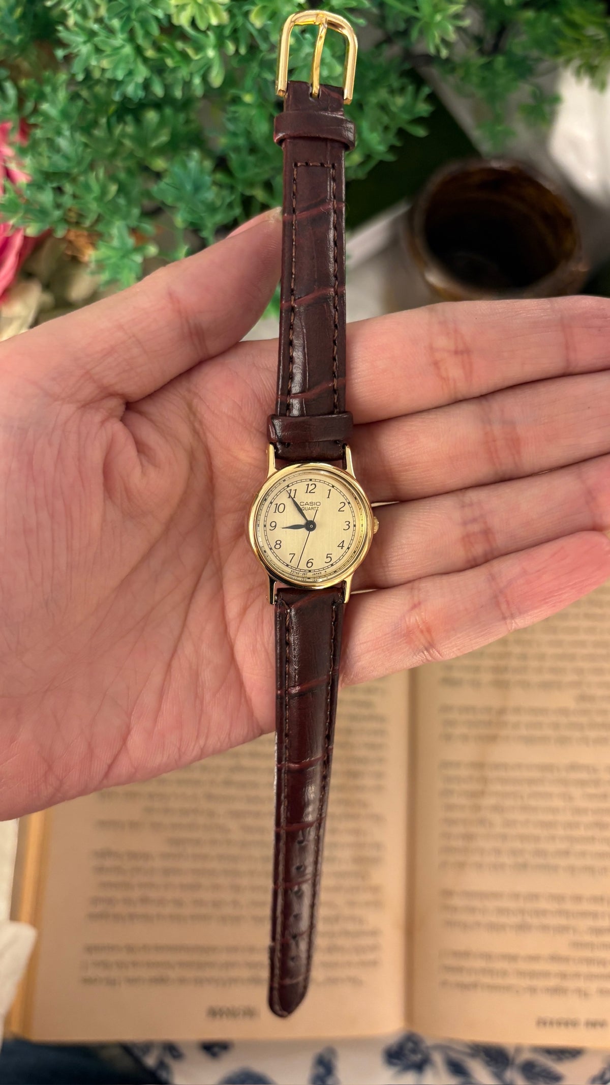 Rare Vintage Casio Minimalist Watch in Gold Tone Brown Leather Quartz
