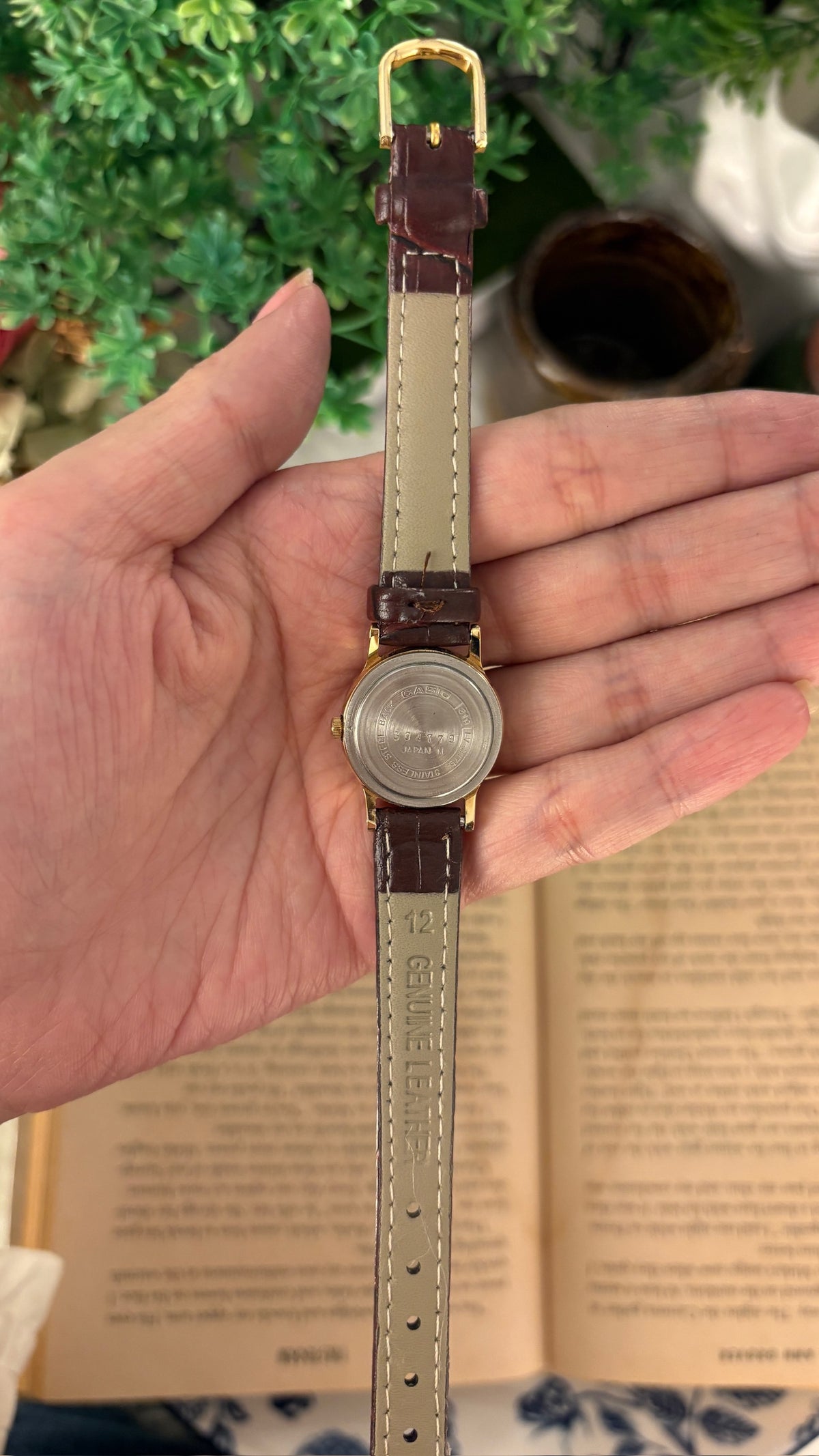 Rare Vintage Casio Minimalist Watch in Gold Tone Brown Leather Quartz