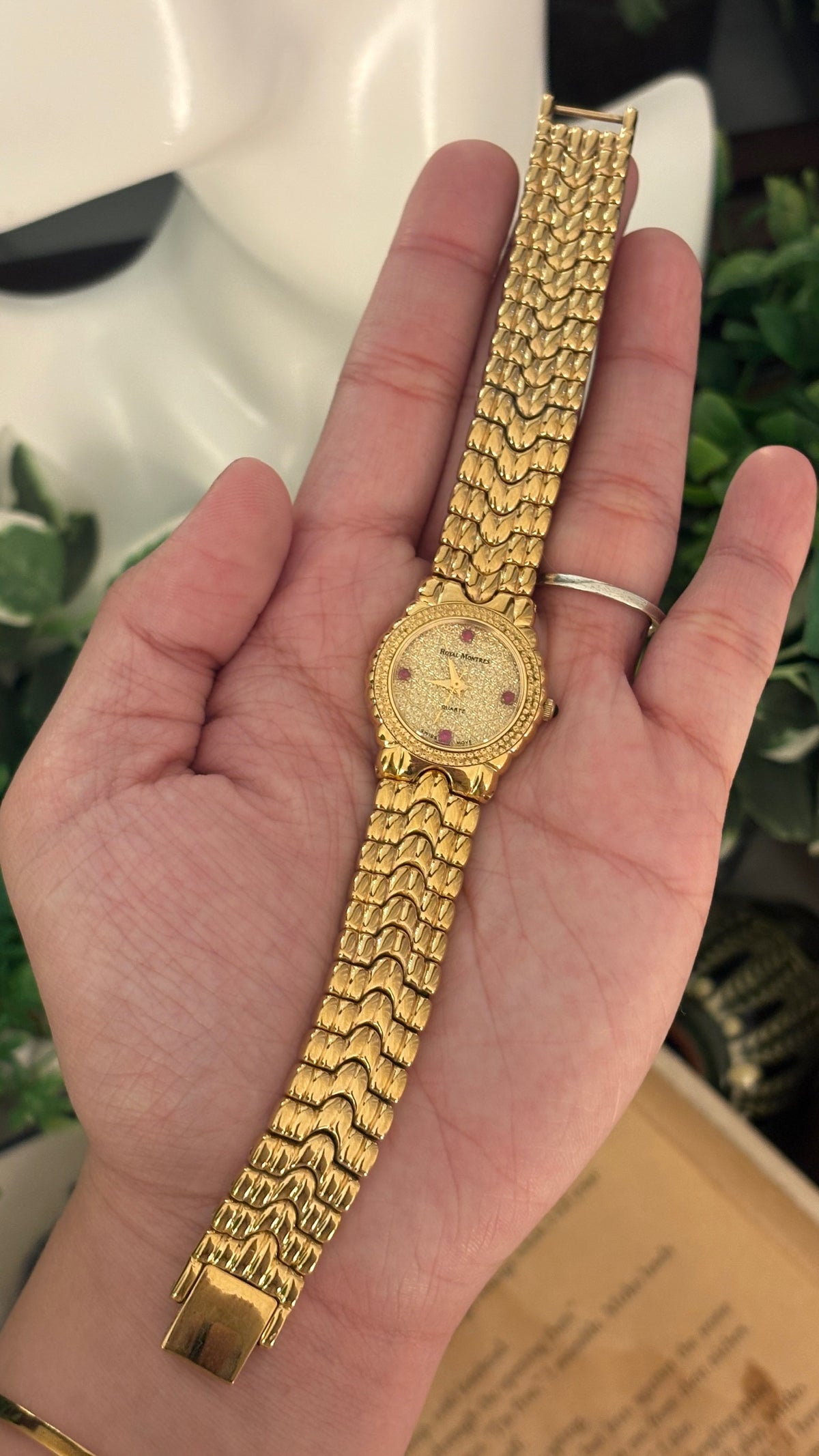 Rare Vintage Royal Montress Swiss Rhinestone Indices Watch in Gold Tone Quartz
