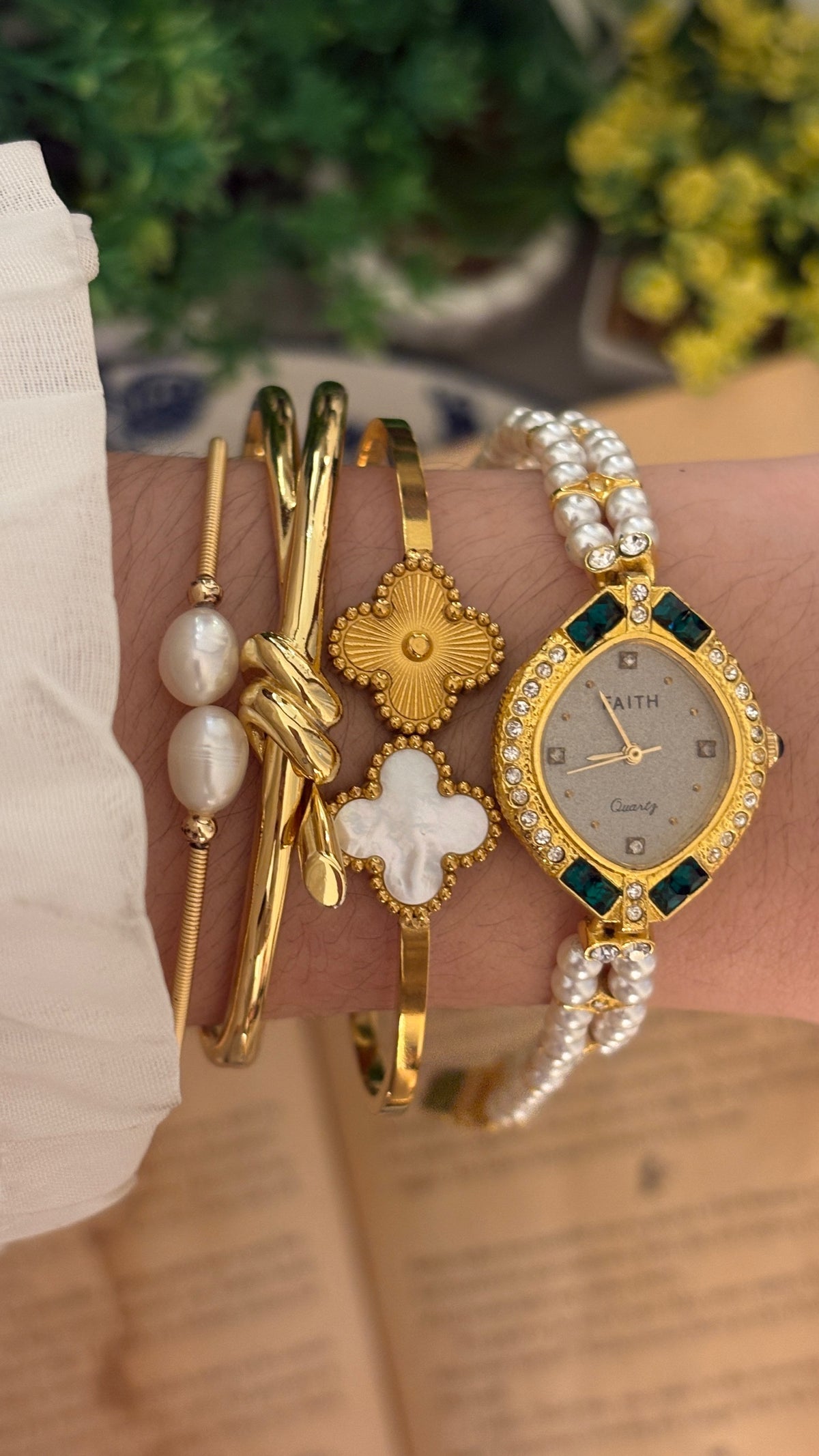 Rare Vintage Faith Eye Dial Rhinestone Accent Freshwater Pearl Watch in Gold Tone Quartz