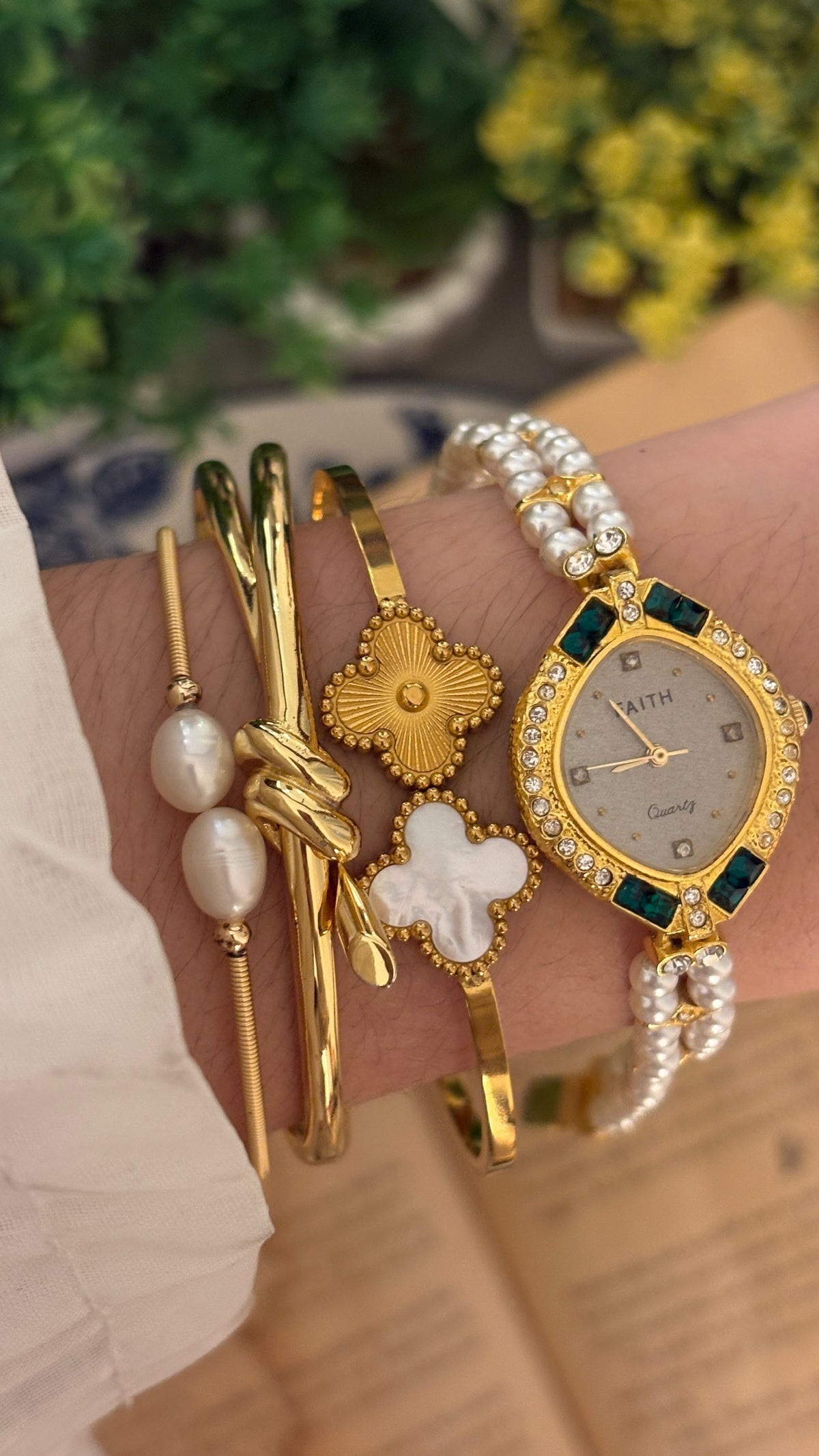 Rare Vintage Faith Eye Dial Rhinestone Accent Freshwater Pearl Watch in Gold Tone Quartz