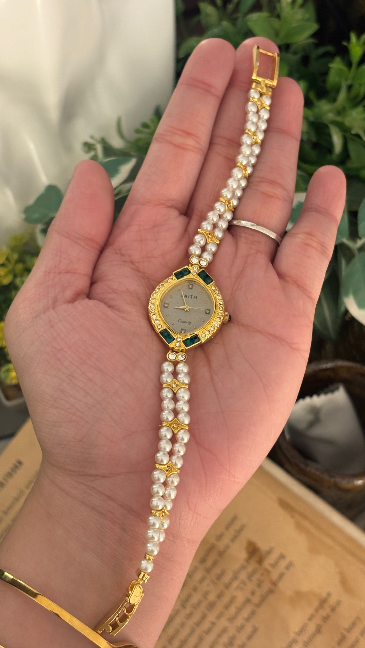 Rare Vintage Faith Eye Dial Rhinestone Accent Freshwater Pearl Watch in Gold Tone Quartz
