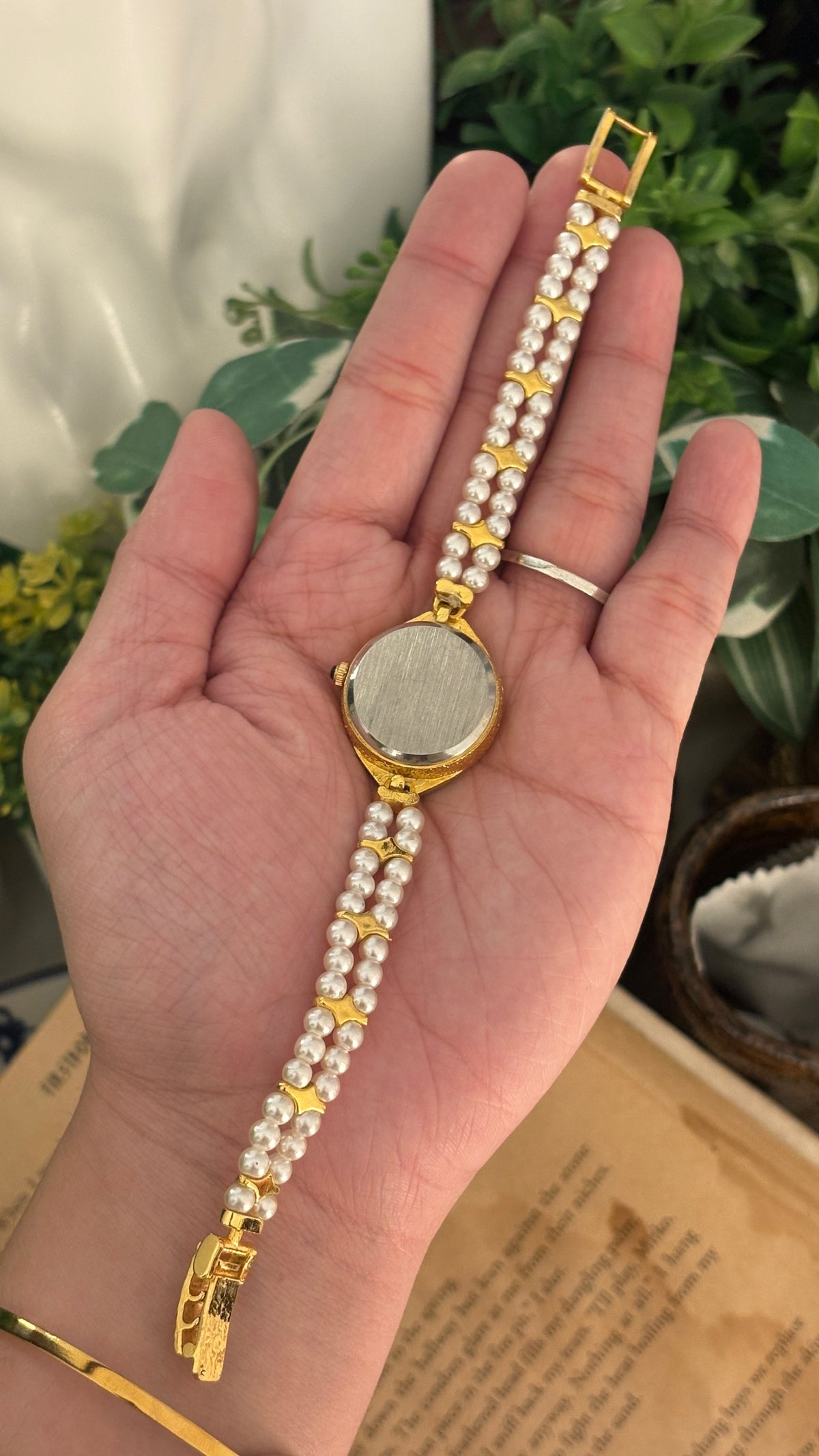 Rare Vintage Faith Eye Dial Rhinestone Accent Freshwater Pearl Watch in Gold Tone Quartz