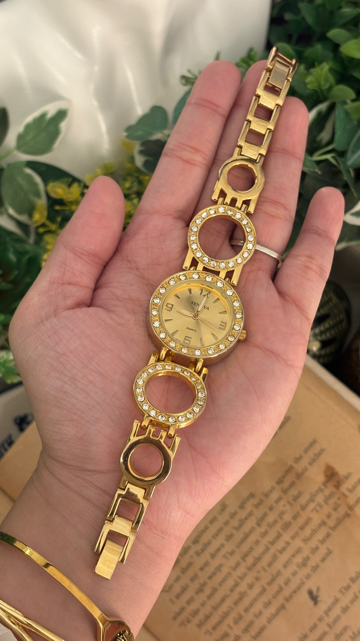 Vintage Senova Rhinestone Bracelet Watch in Gold Tone Quartz