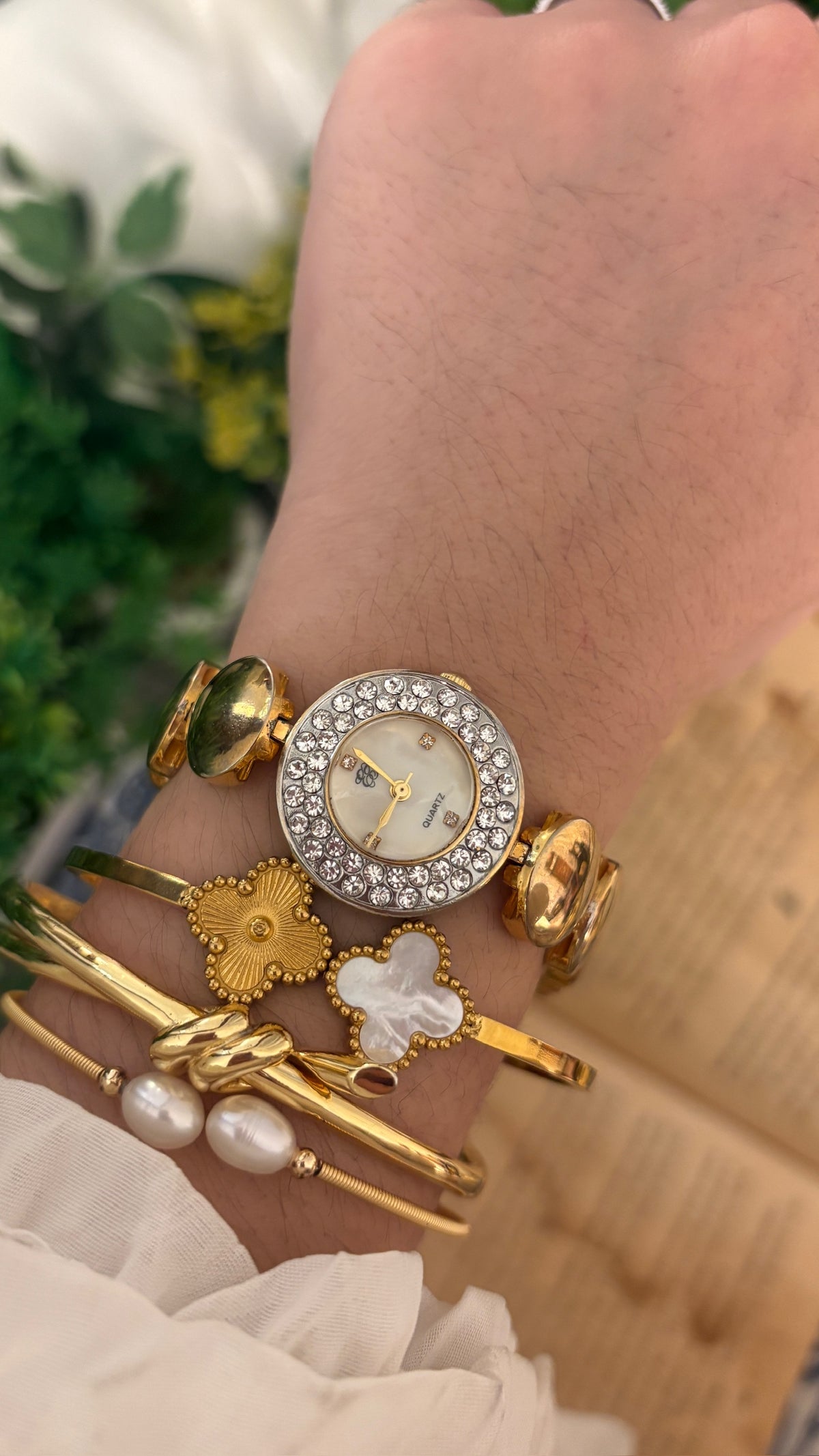 Rare Vintage Elizabeth Taylor Rhinestone Bezel Round Links Bracelet Watch in Rose Gold Tone Quartz