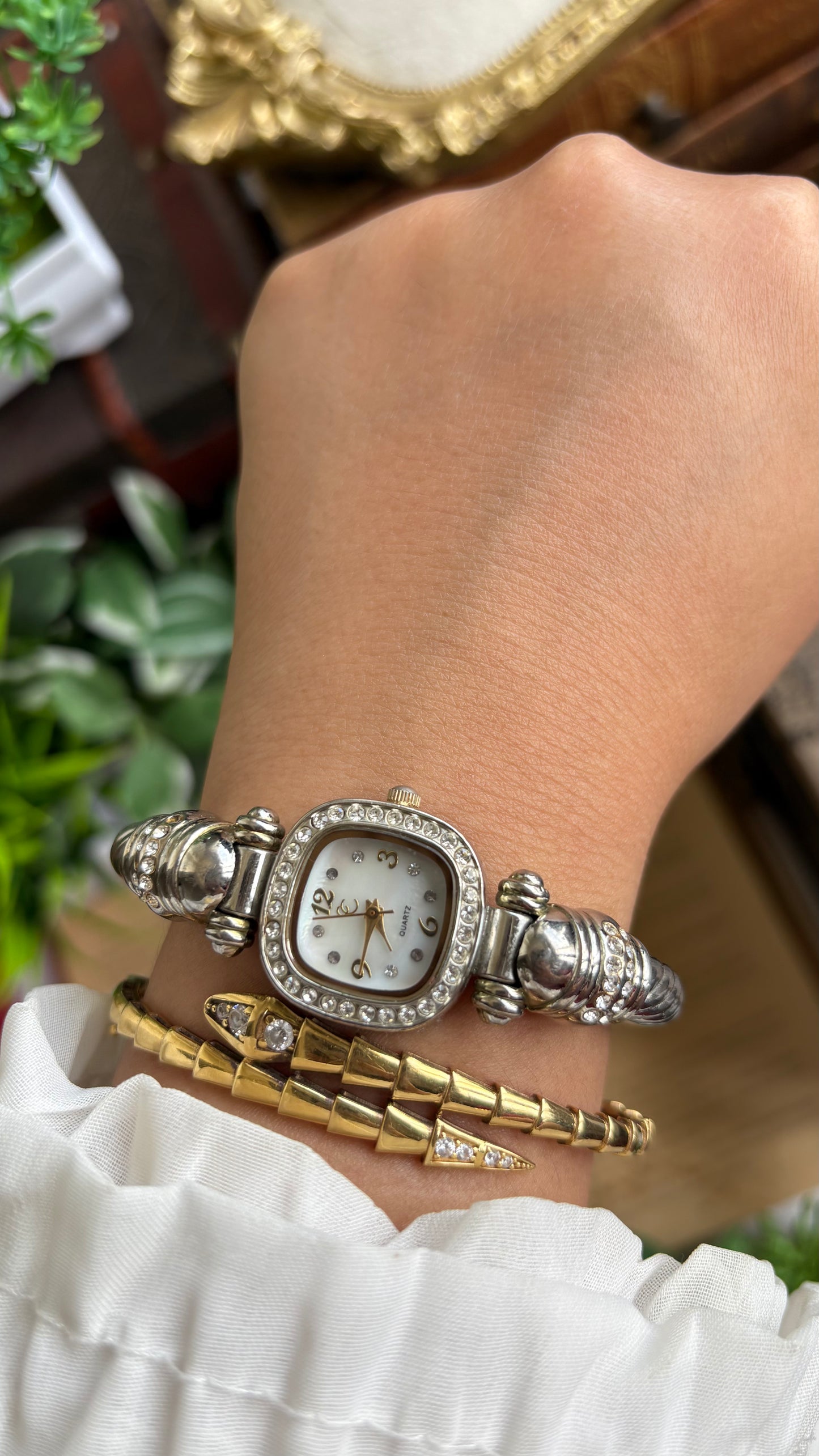 Vintage Charter Club Rare Bangle Bejeweled Watch in Two-Tone Pearl Dial Rope Style