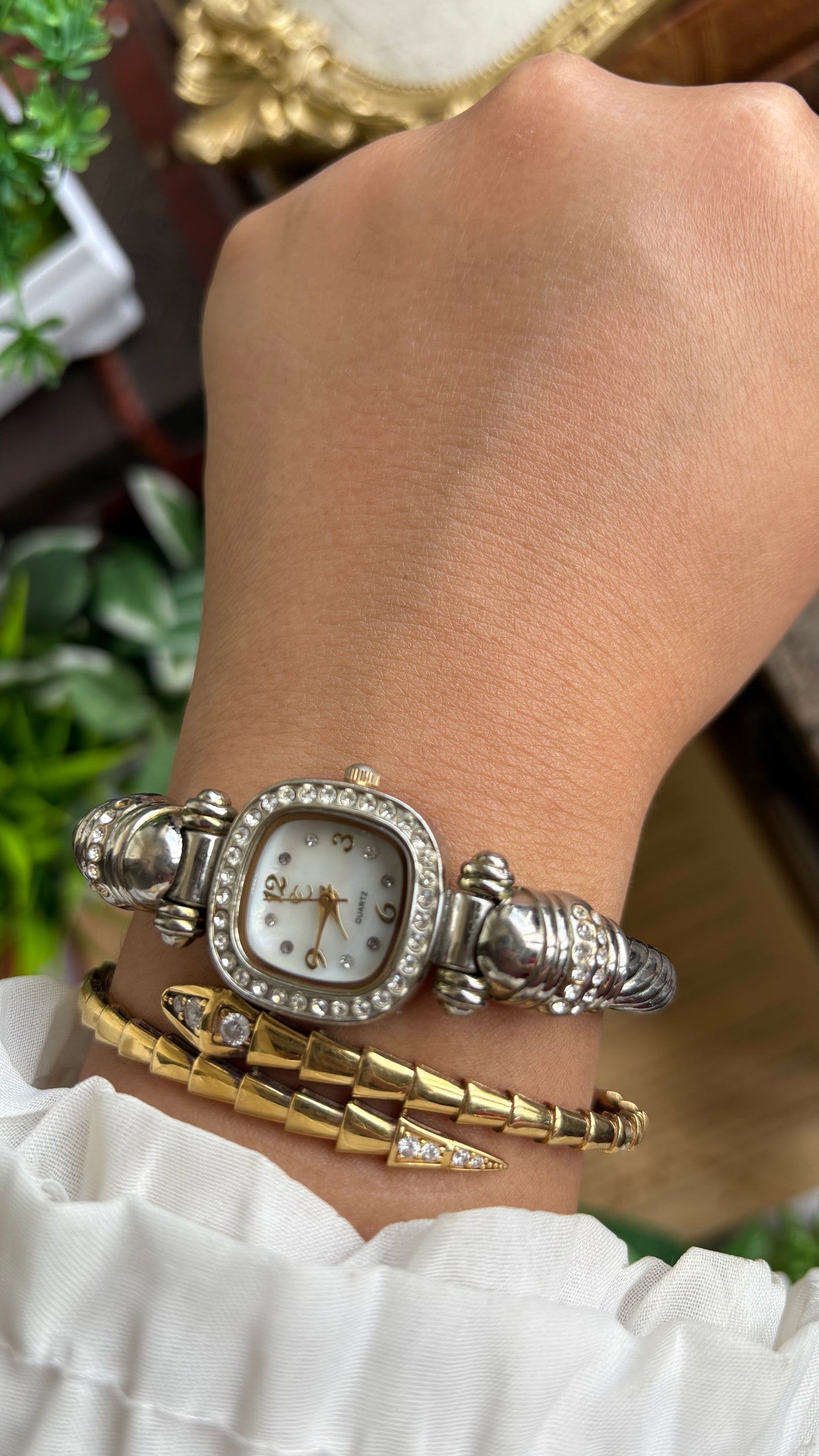 Vintage Charter Club Rare Bangle Bejeweled Watch in Two-Tone Pearl Dial Rope Style