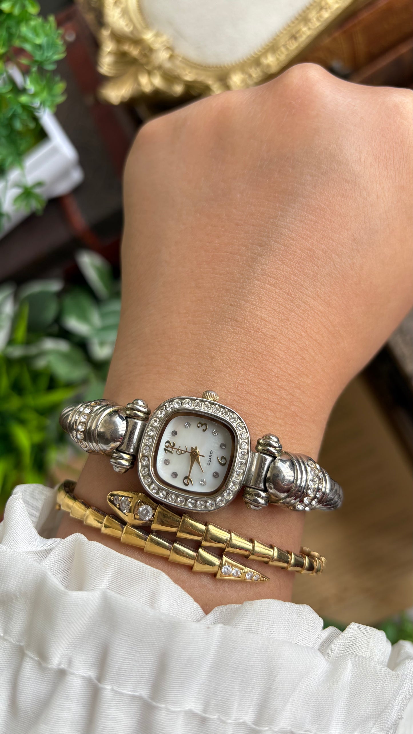 Vintage Charter Club Rare Bangle Bejeweled Watch in Two-Tone Pearl Dial Rope Style