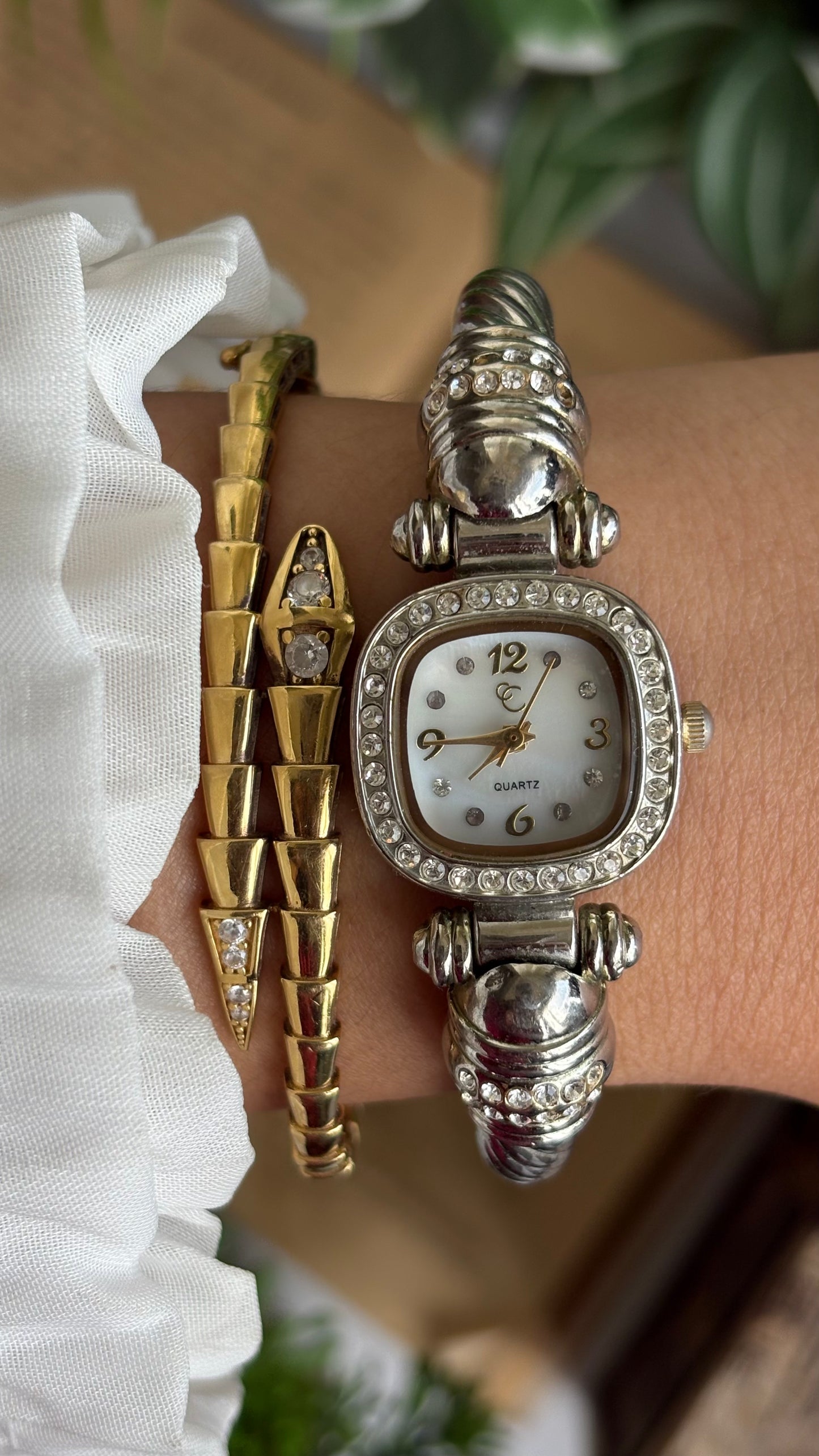 Vintage Charter Club Rare Bangle Bejeweled Watch in Two-Tone Pearl Dial Rope Style