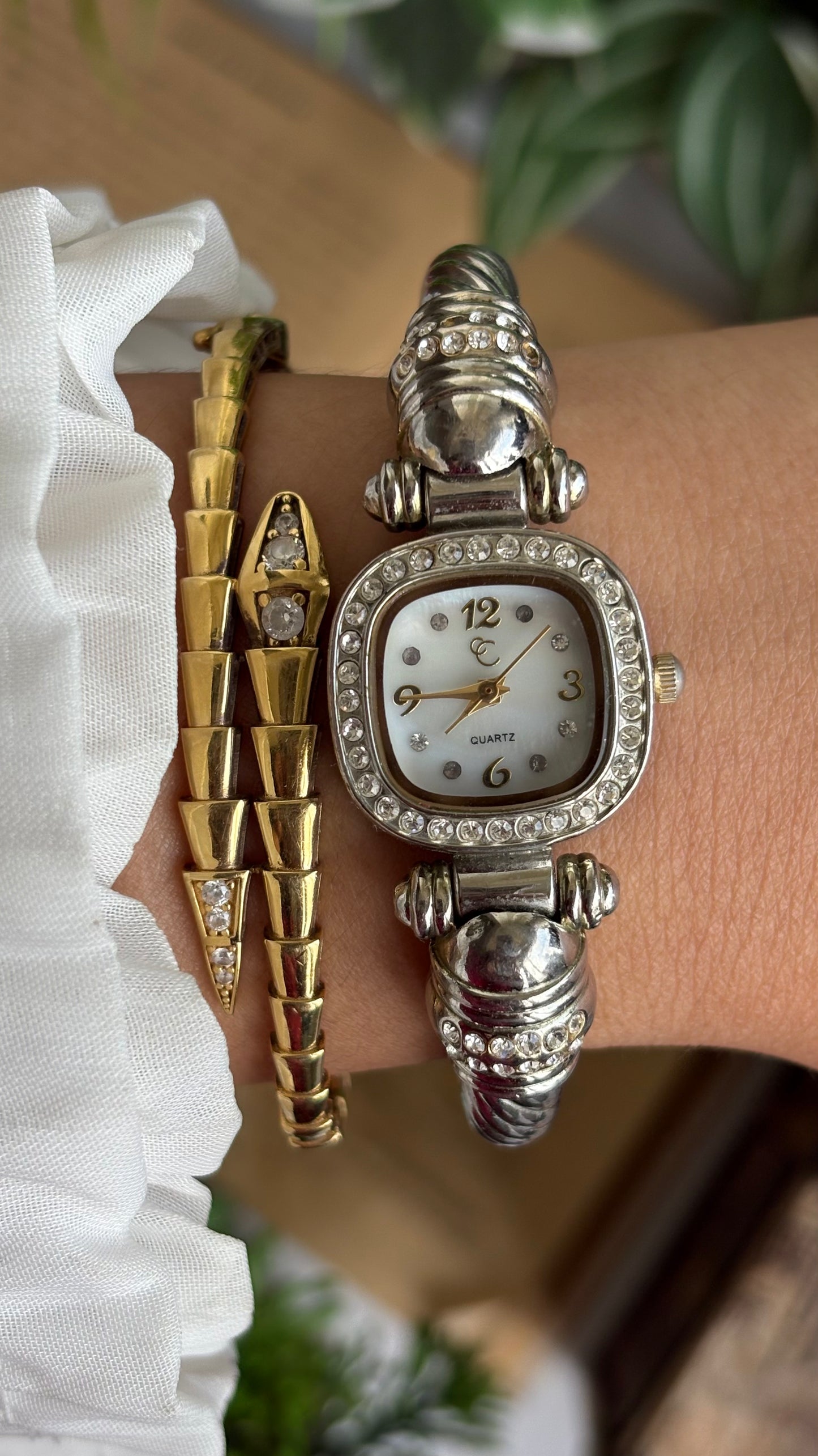 Vintage Charter Club Rare Bangle Bejeweled Watch in Two-Tone Pearl Dial Rope Style