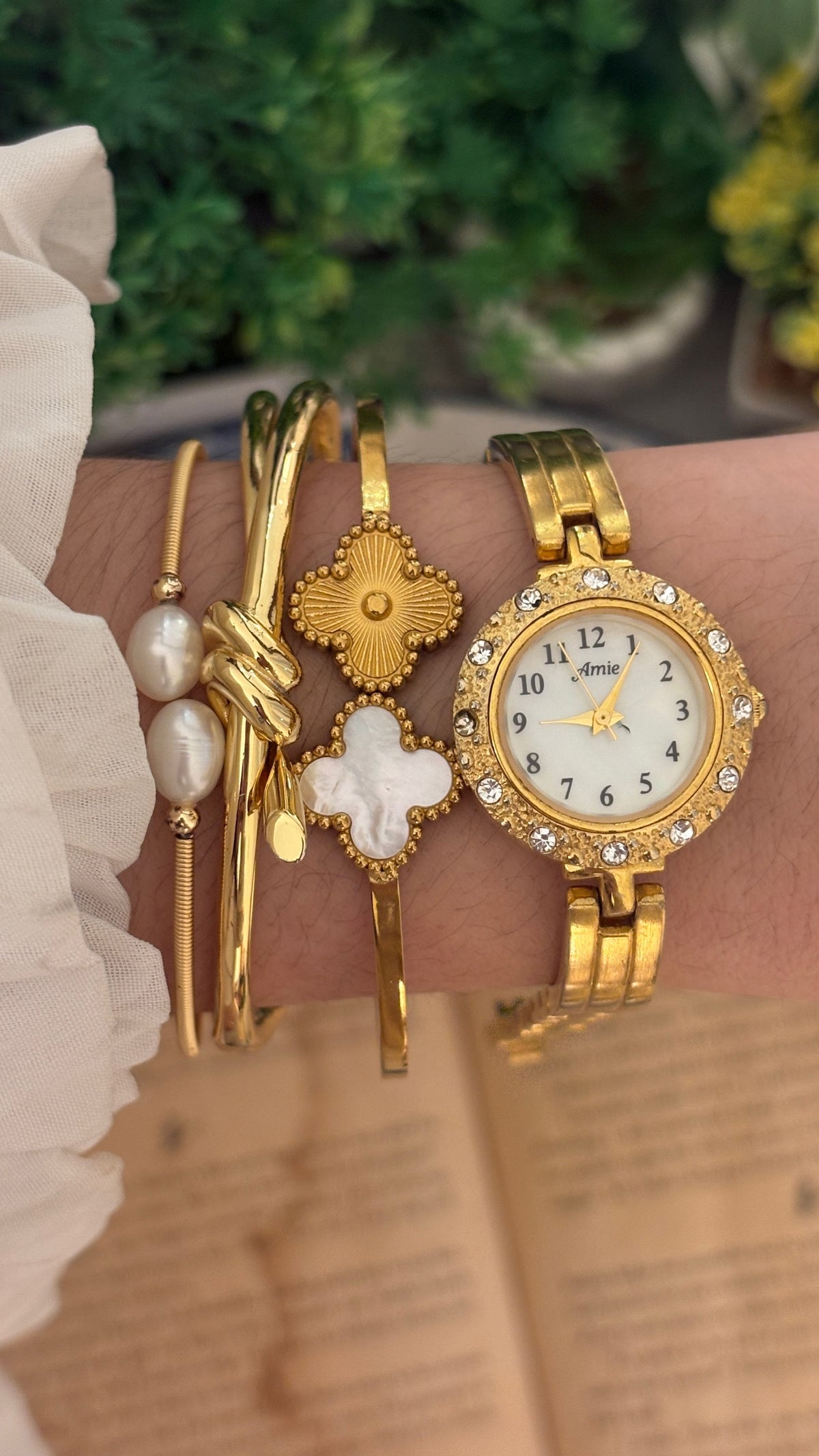 Vintage Amie Rhinestone Bezel Semi Bangle Watch in Gold Tone Quartz
