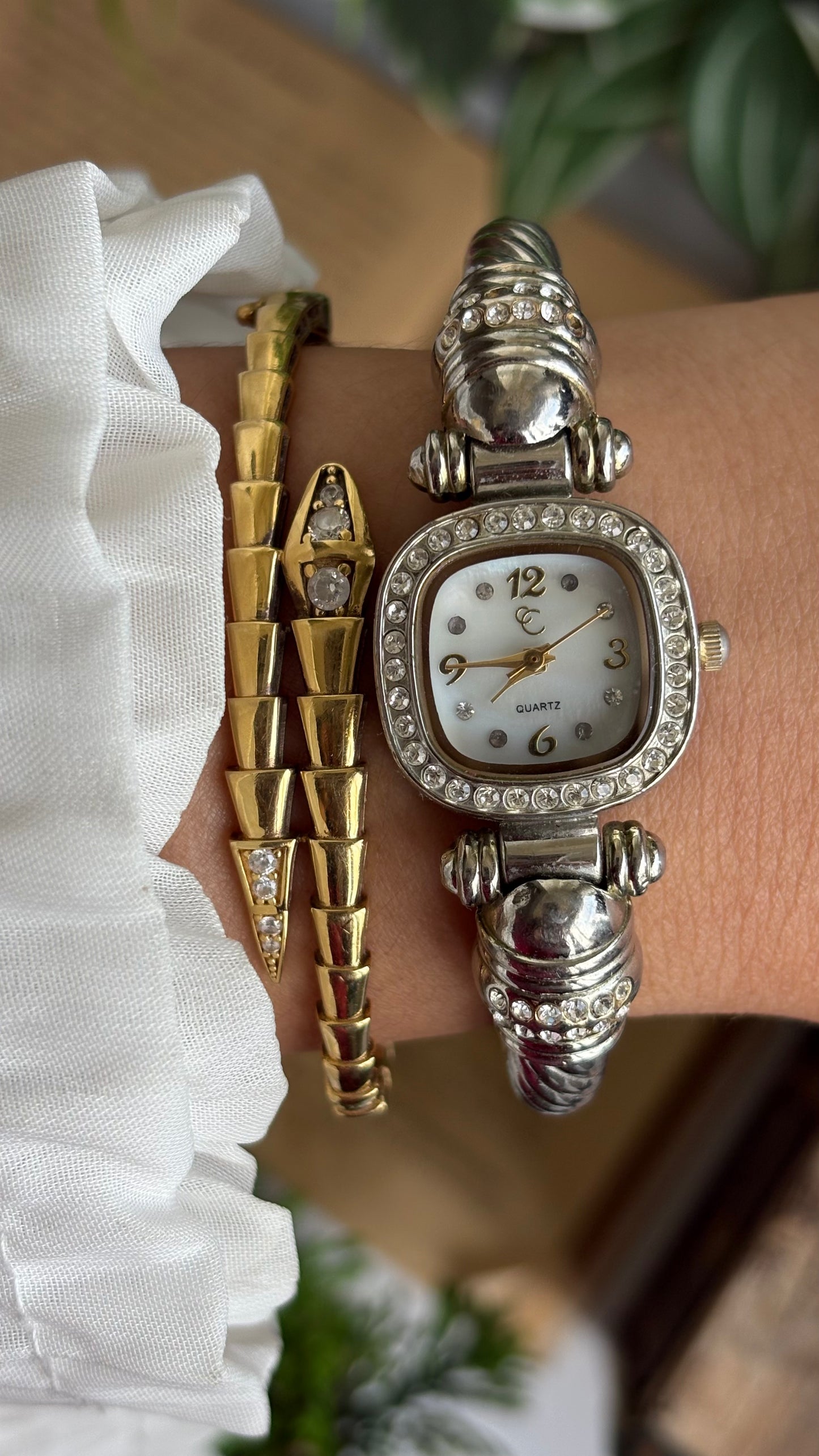 Vintage Charter Club Rare Bangle Bejeweled Watch in Two-Tone Pearl Dial Rope Style