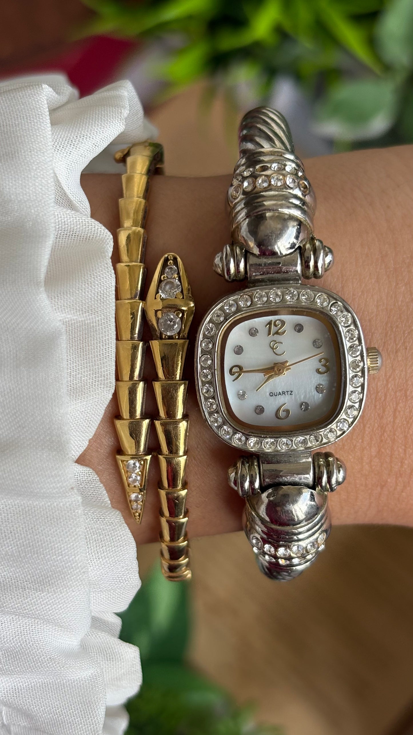 Vintage Charter Club Rare Bangle Bejeweled Watch in Two-Tone Pearl Dial Rope Style