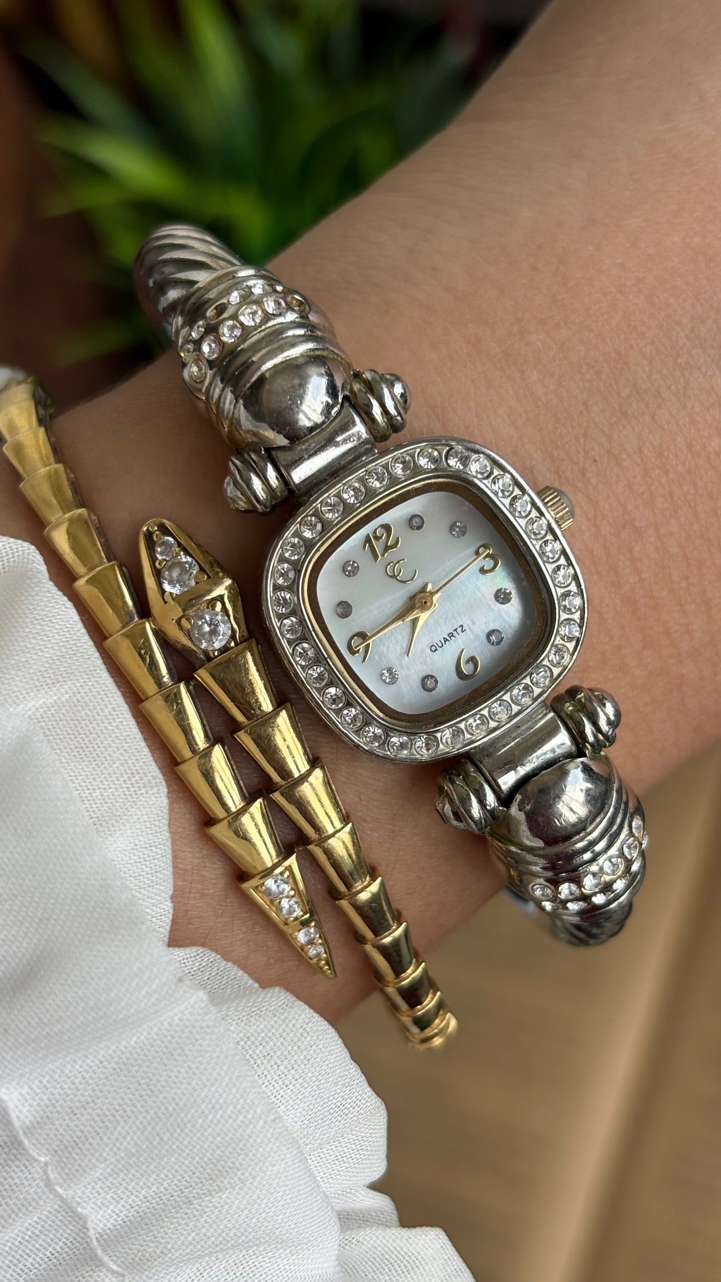 Vintage Charter Club Rare Bangle Bejeweled Watch in Two-Tone Pearl Dial Rope Style