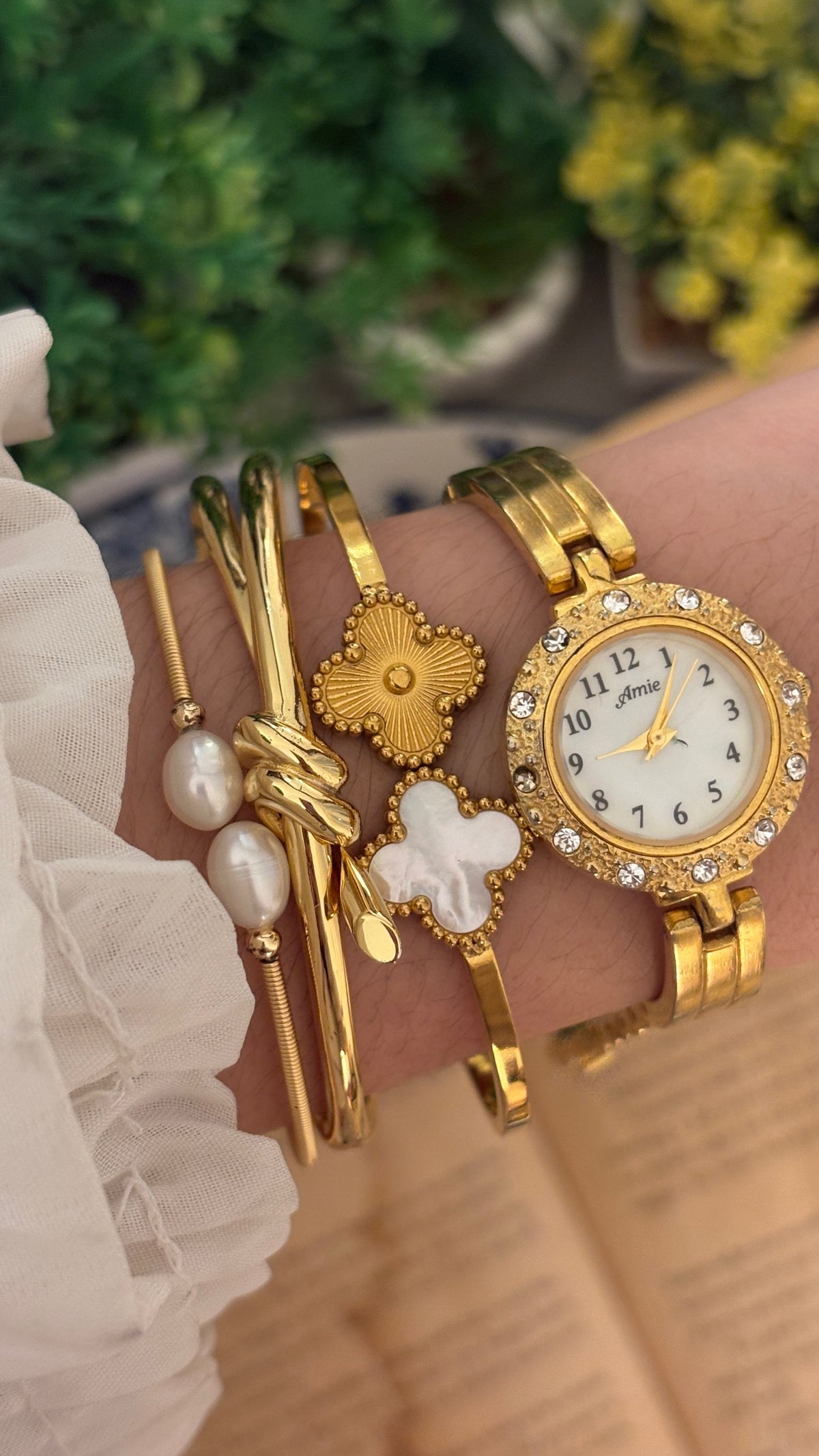 Vintage Amie Rhinestone Bezel Semi Bangle Watch in Gold Tone Quartz