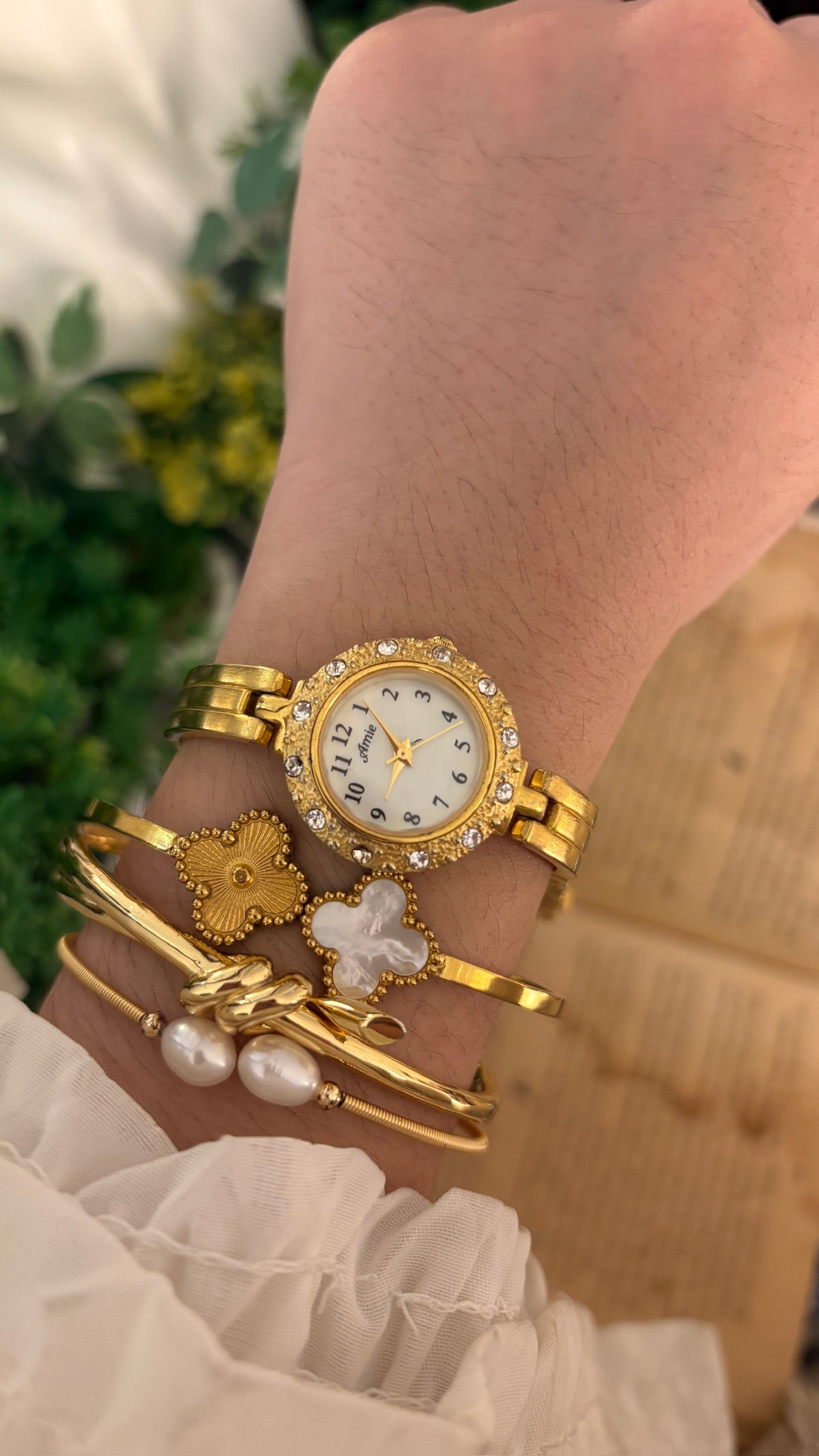 Vintage Amie Rhinestone Bezel Semi Bangle Watch in Gold Tone Quartz