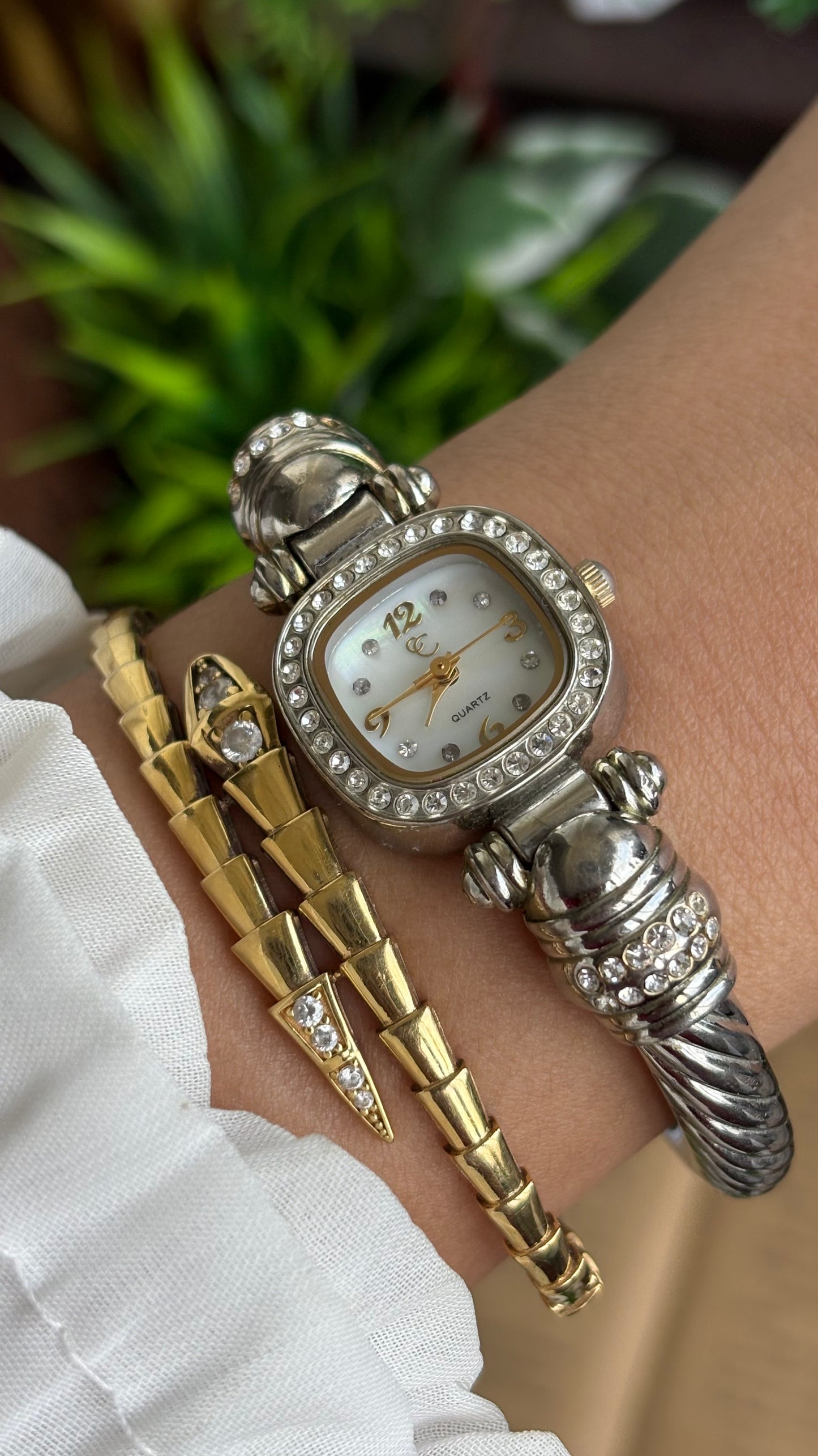 Vintage Charter Club Rare Bangle Bejeweled Watch in Two-Tone Pearl Dial Rope Style