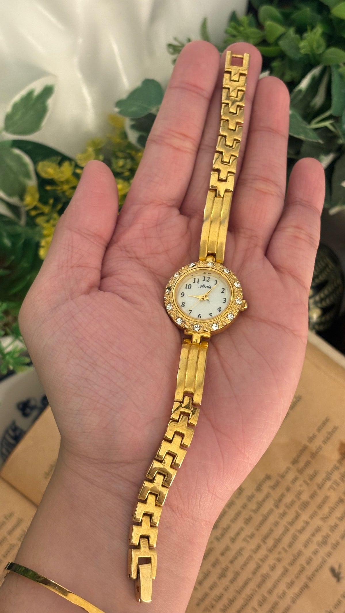 Vintage Amie Rhinestone Bezel Semi Bangle Watch in Gold Tone Quartz