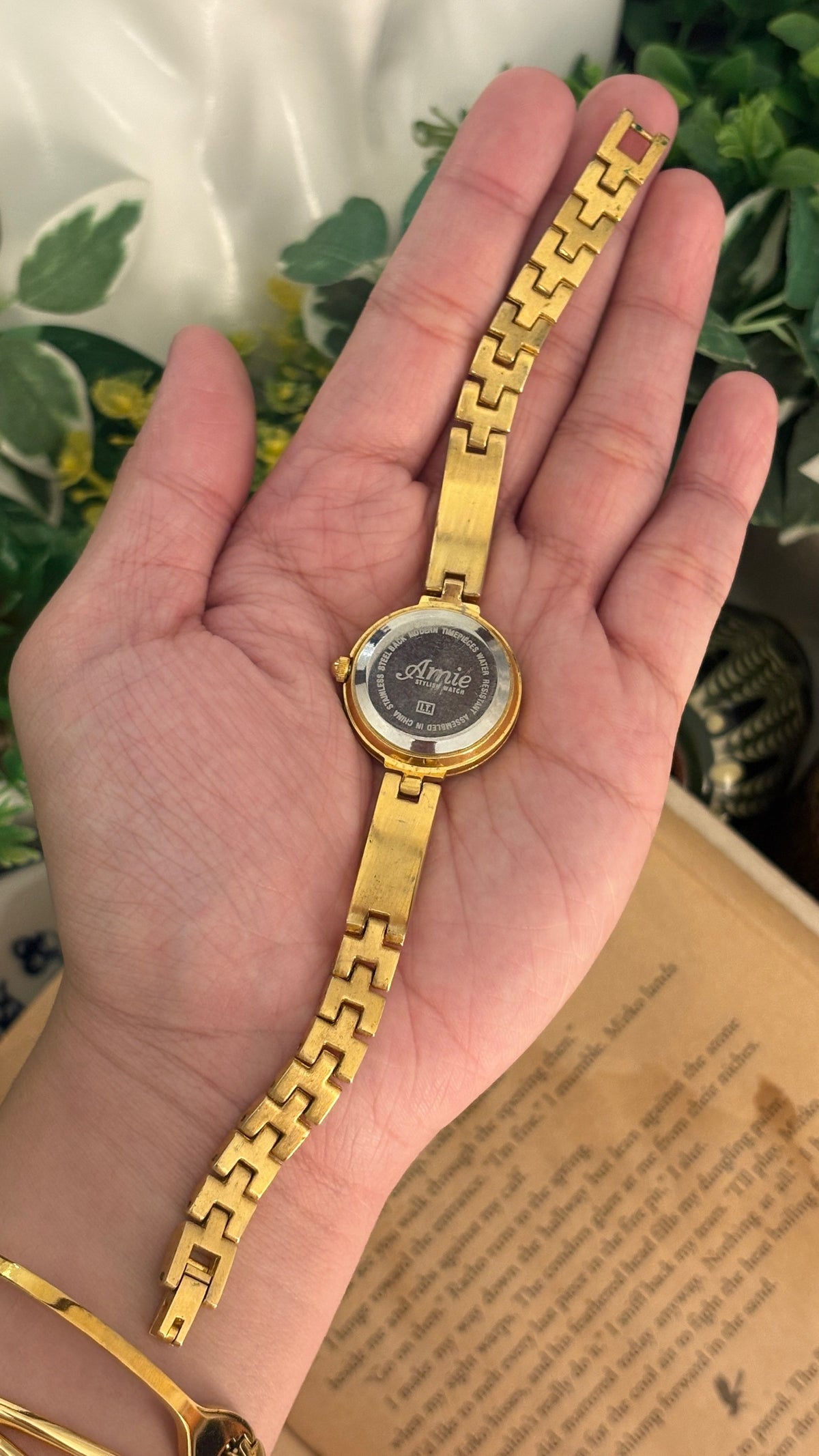 Vintage Amie Rhinestone Bezel Semi Bangle Watch in Gold Tone Quartz