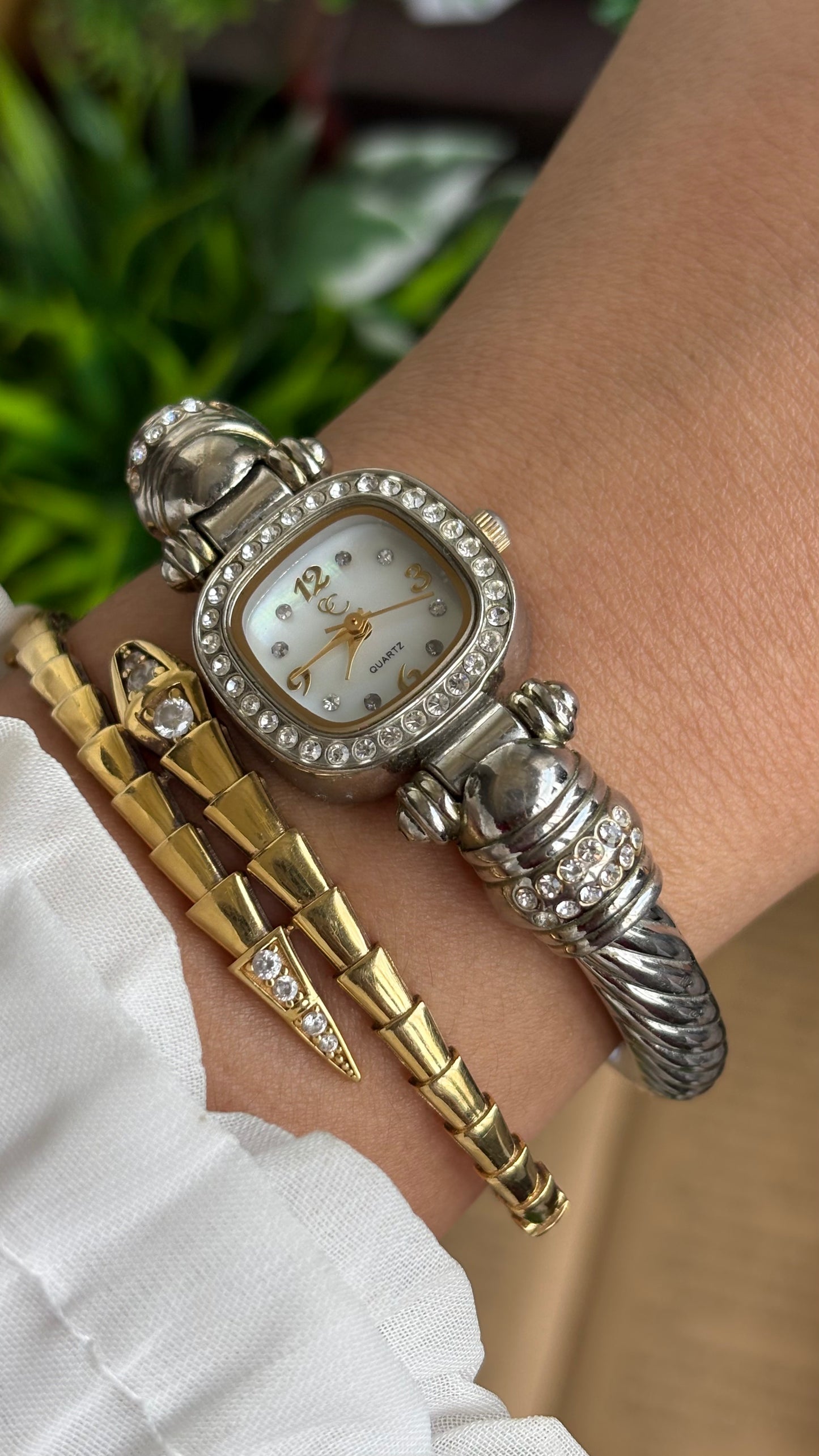 Vintage Charter Club Rare Bangle Bejeweled Watch in Two-Tone Pearl Dial Rope Style